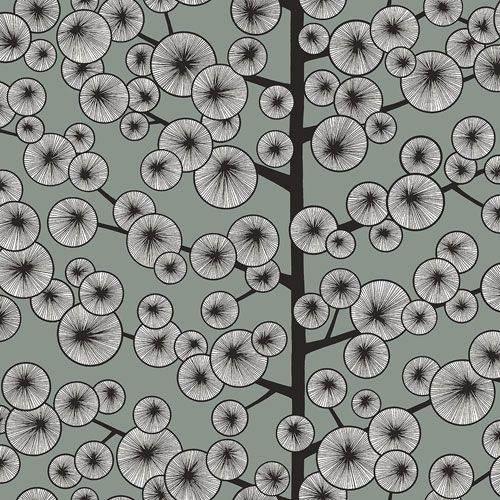 Cotton Tree Silvertown tapet från Midbec med botaniskt, retro mönster i grå. Från kollektionen Kinfolk. Nonwoven-material med förskjuten passning.