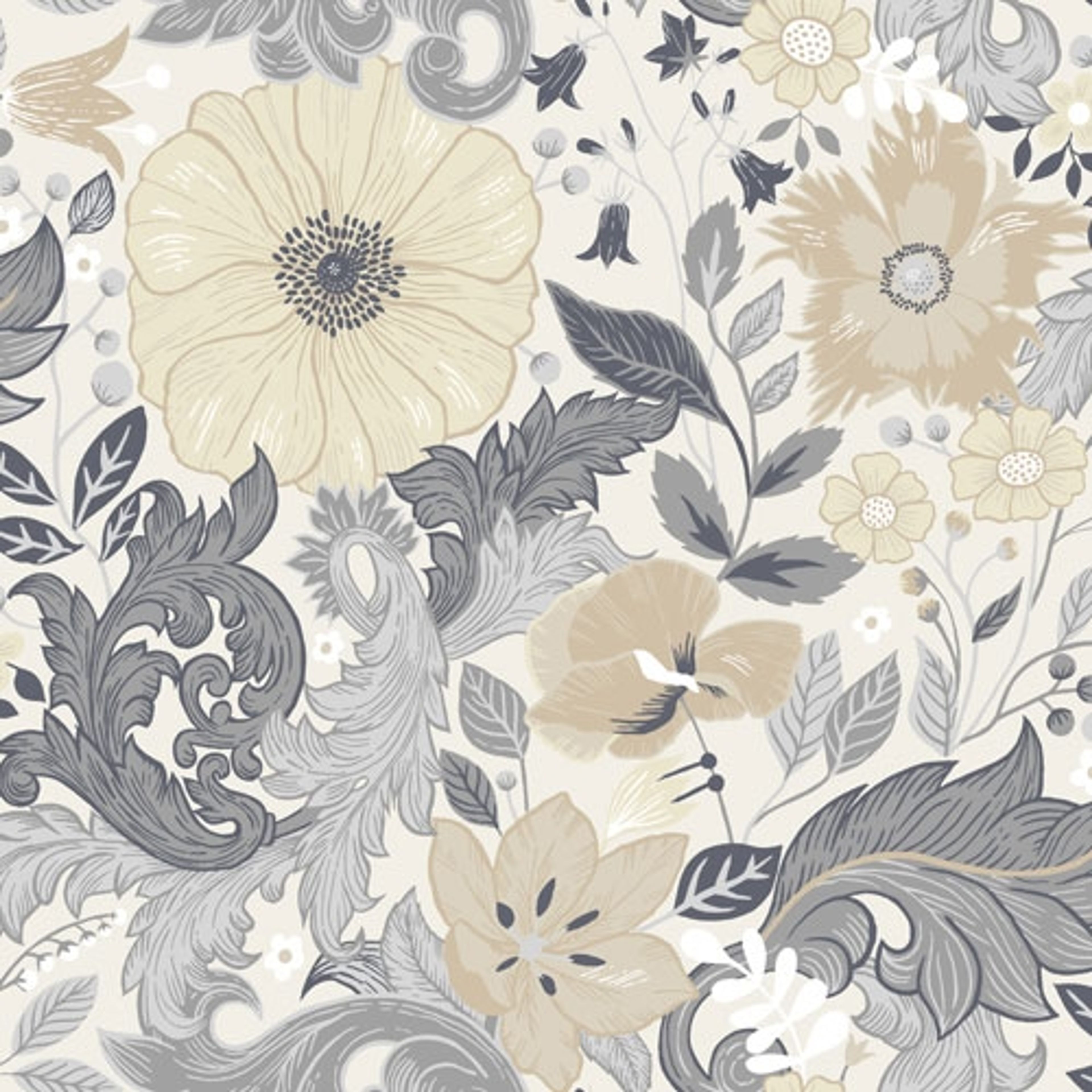 Victoria tapet med blommigt mönster i grå och beige. Från kollektionen Ängås. Nonwoven-material med förskjuten passning.