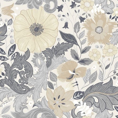 Victoria tapet med blommigt mönster i grå och beige. Från kollektionen Ängås. Nonwoven-material med förskjuten passning.