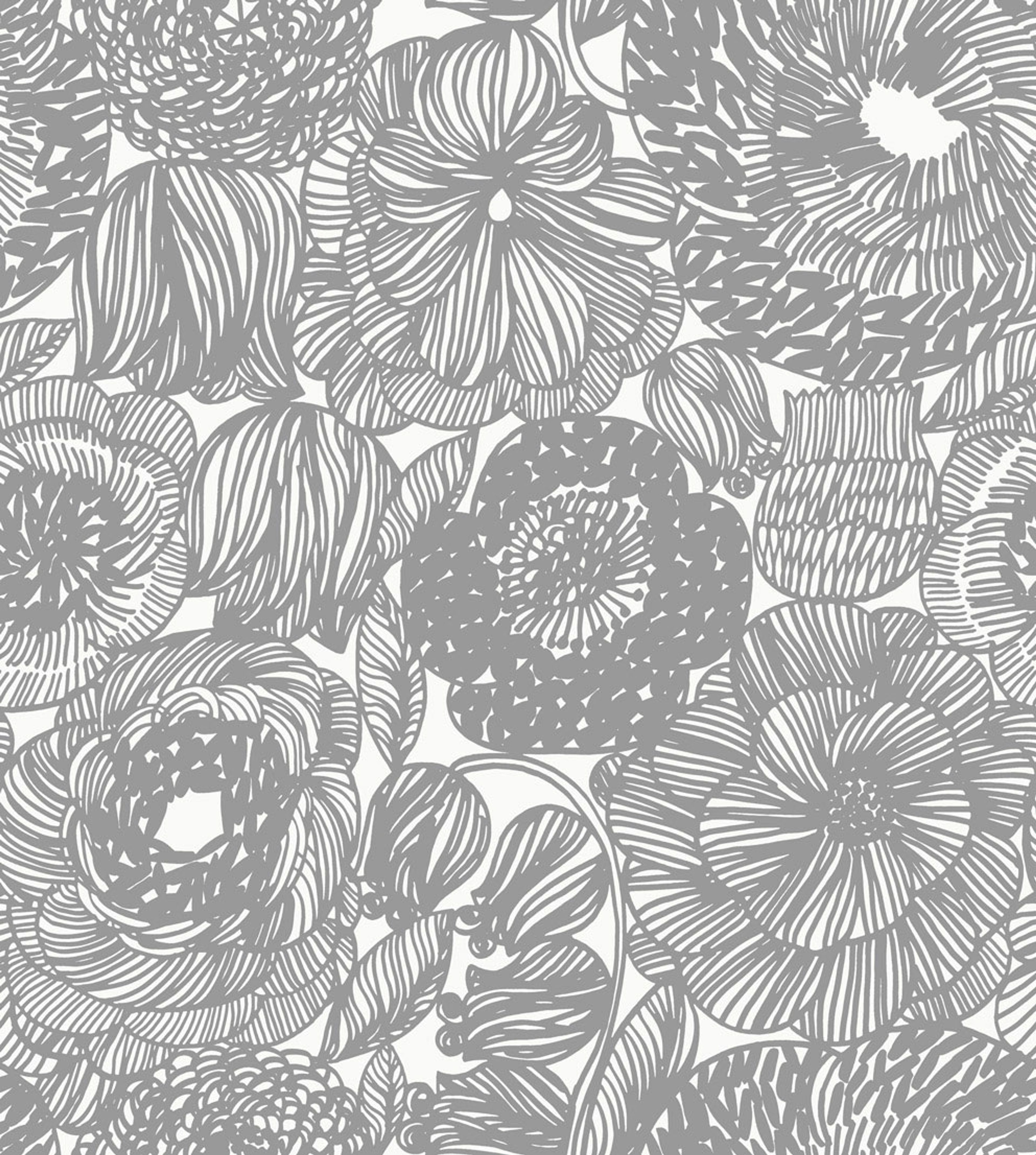 Kurjenpolvi tapet med blommigt mönster i grå. Från kollektionen Marimekko 6. Nonwoven-material med rak passning.