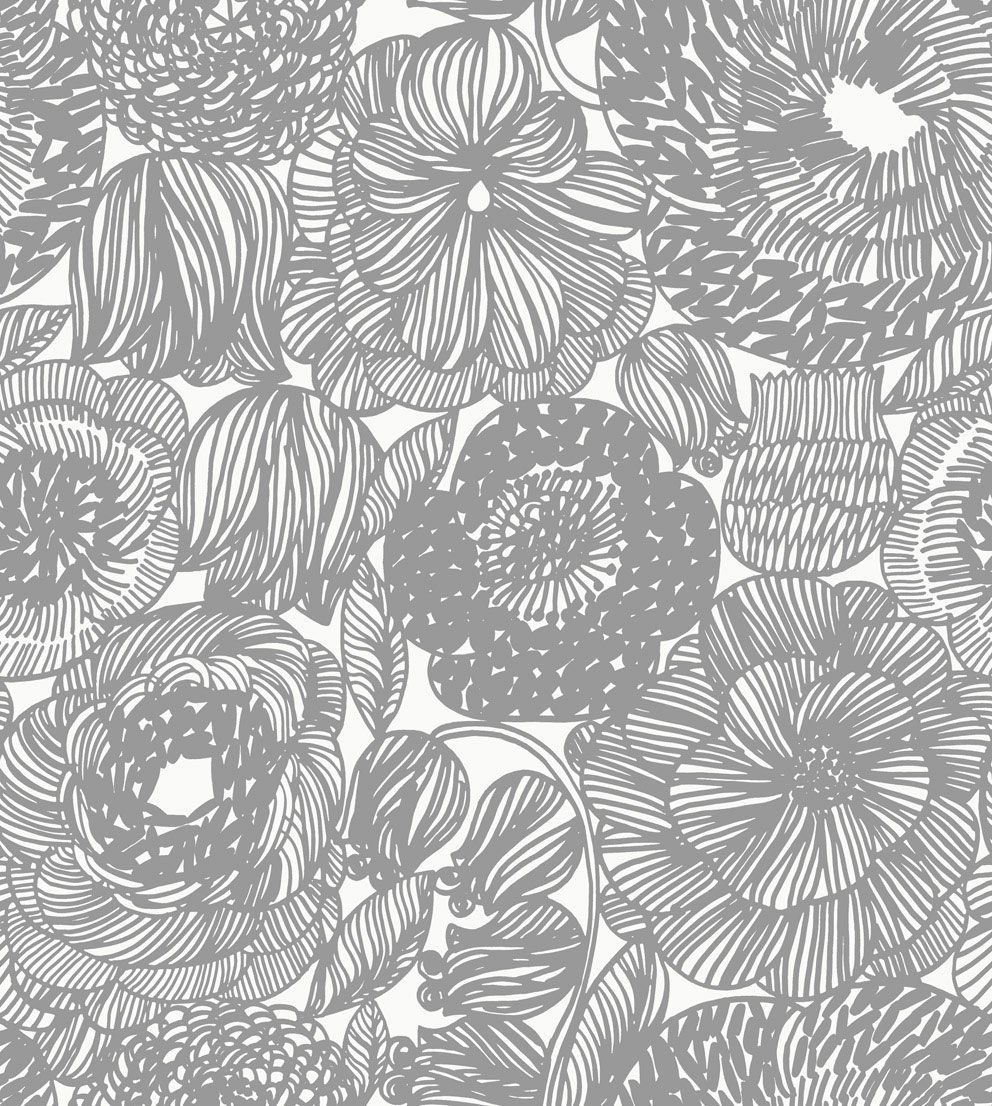 Kurjenpolvi tapet med blommigt mönster i grå. Från kollektionen Marimekko 6. Nonwoven-material med rak passning.