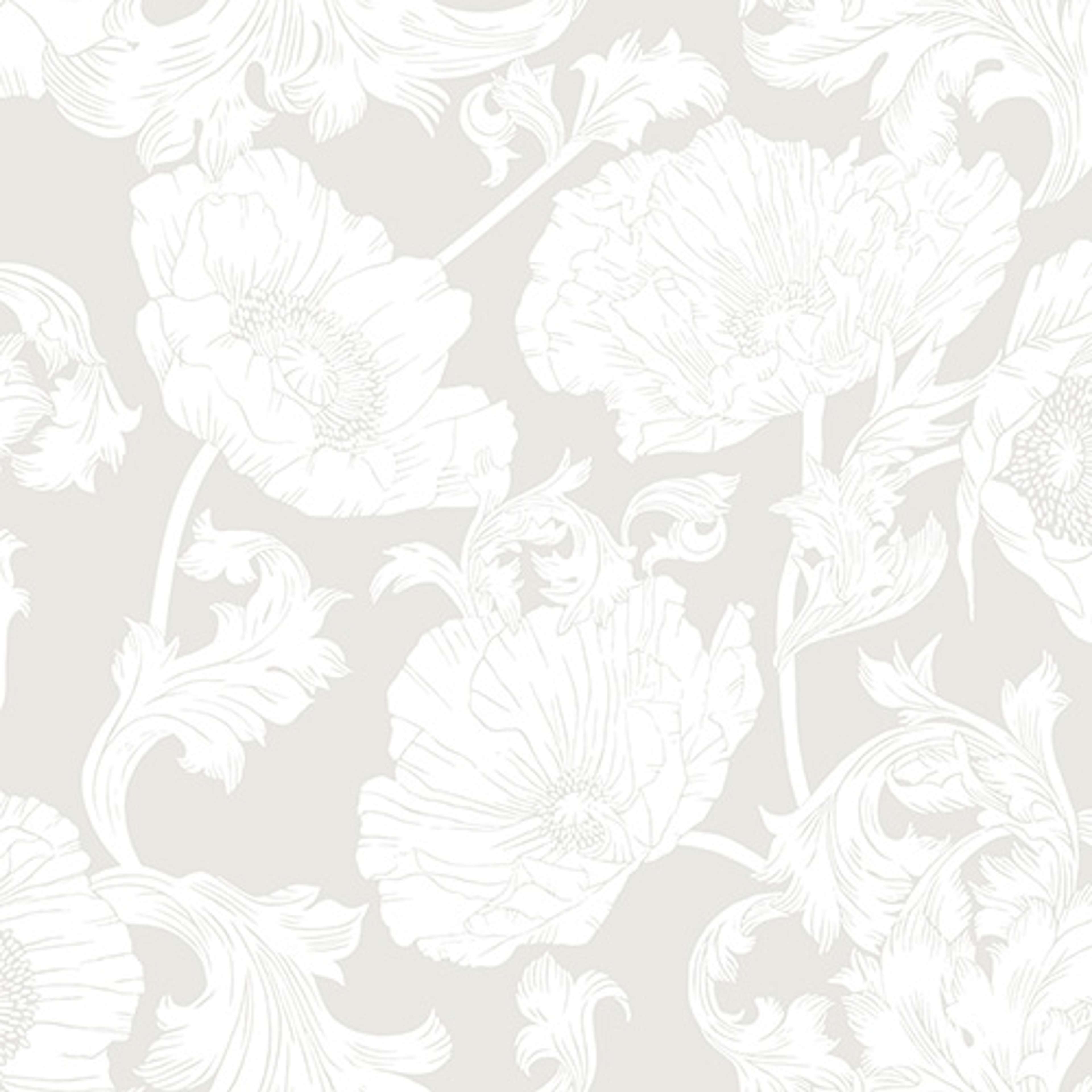Papaver stora blommor, gråbeige tapet från Midbec med blommigt mönster i grå. Från kollektionen Ekbacka. Nonwoven-material med förskjuten passning.