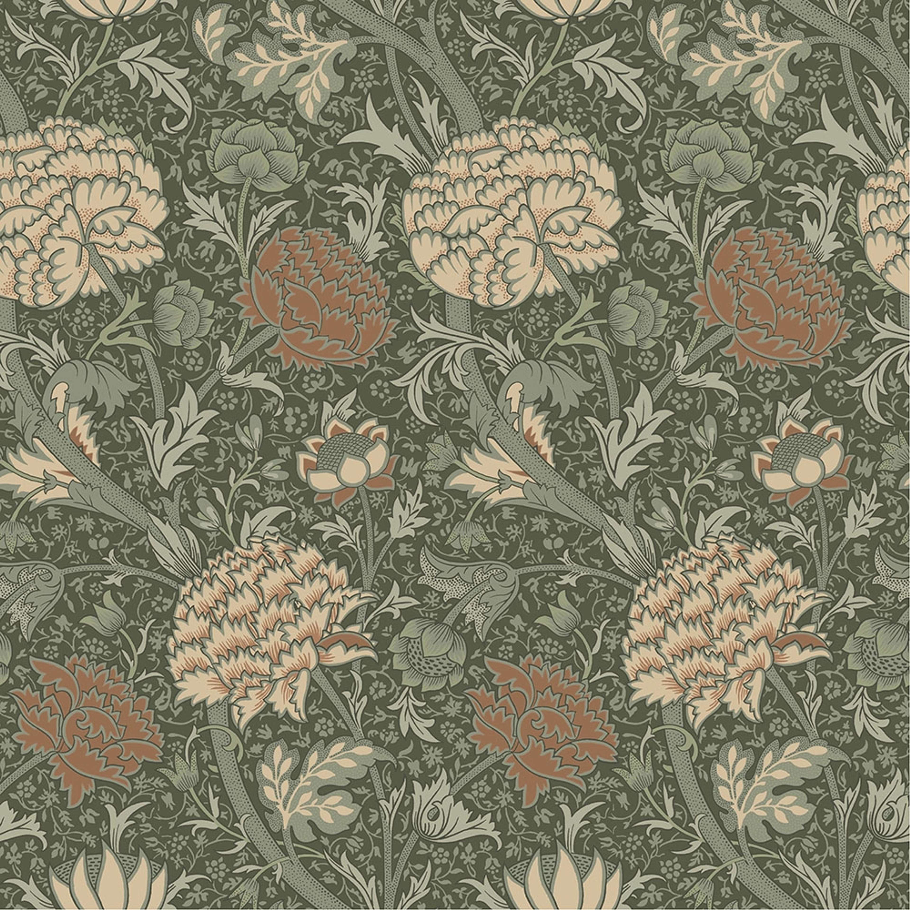 Cray, mörkgrön tapet tapet från Midbec med botaniskt, blommigt mönster i rosa och grön. Från kollektionen Hidden Treasures vol 1. Nonwoven-material med rak passning.