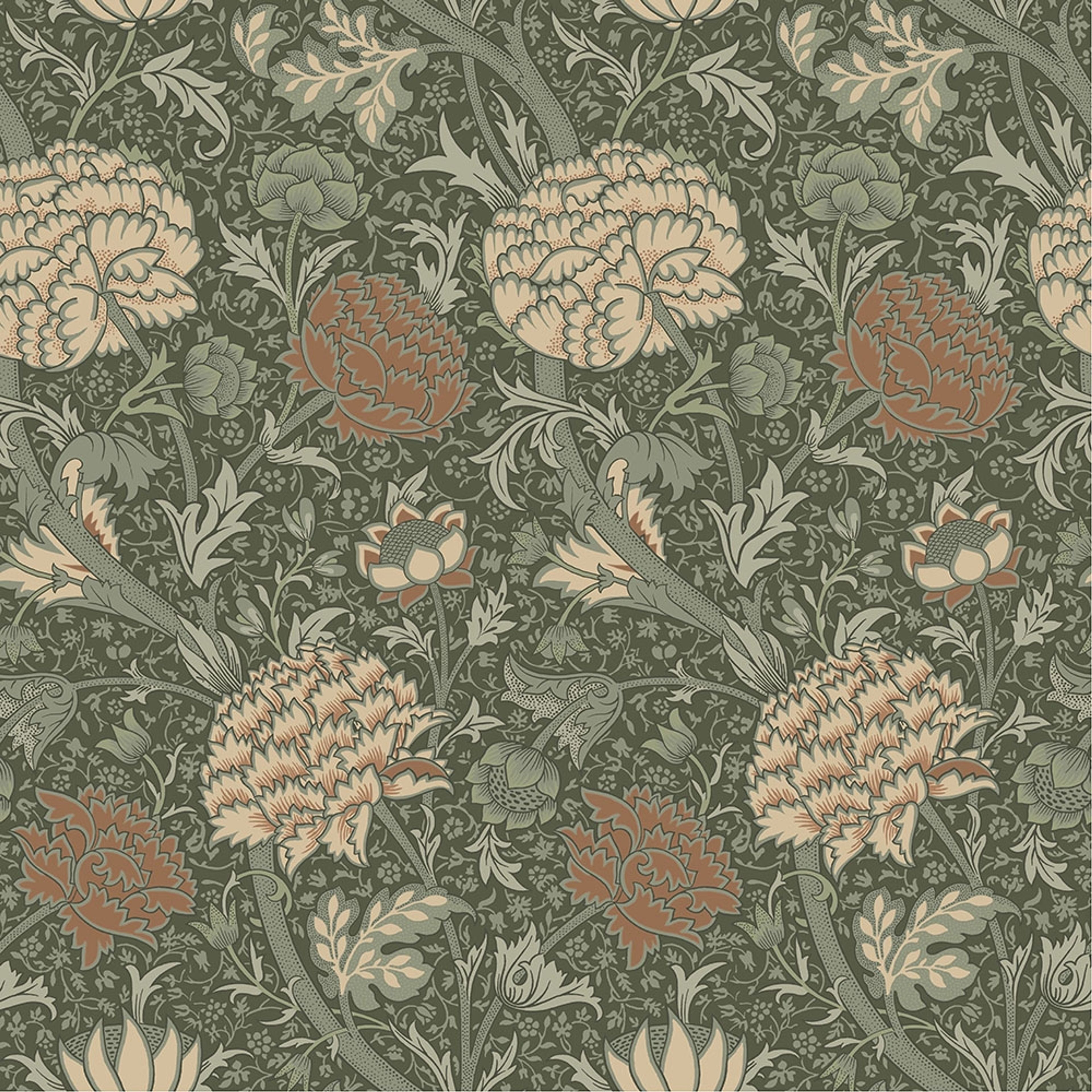 Cray, mörkgrön tapet tapet från Midbec med botaniskt, blommigt mönster i rosa och grön. Från kollektionen Hidden Treasures vol 1. Nonwoven-material med rak passning.