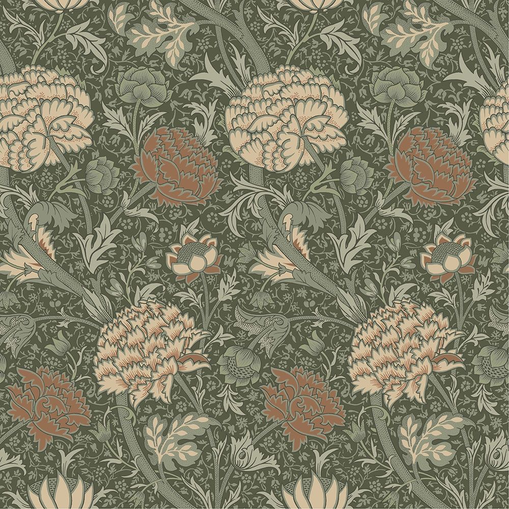 Cray, mörkgrön tapet tapet från Midbec med botaniskt, blommigt mönster i rosa och grön. Från kollektionen Hidden Treasures vol 1. Nonwoven-material med rak passning.