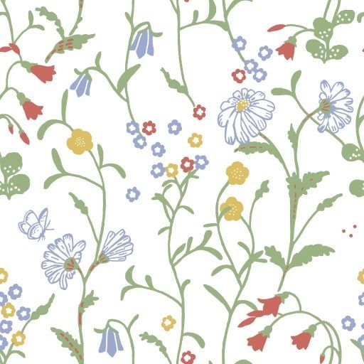 Midsommar, Vit tapet från duro med blommigt mönster i vit. Från kollektionen Spira. Nonwoven-material med rak passning. Country, city-stil.