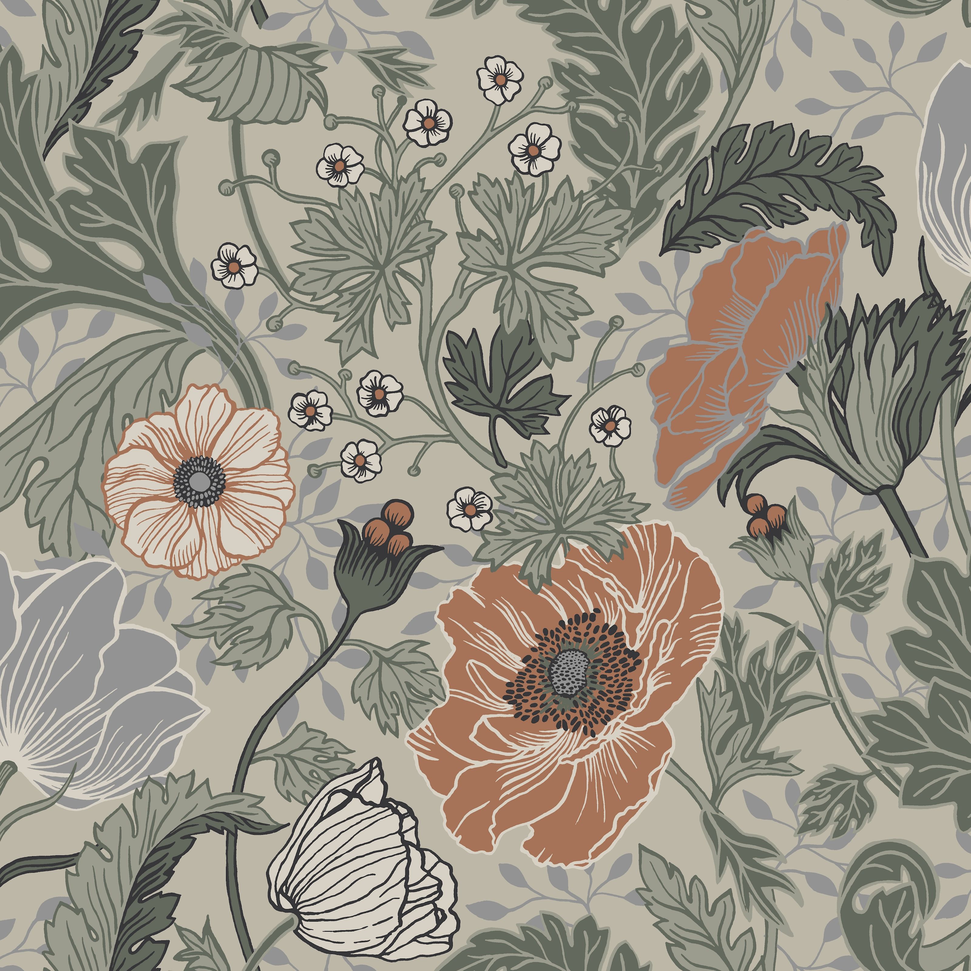 Anemone, gråbeige tapet från Midbec med blommigt mönster i beige. Från kollektionen Apelviken, Grönhaga. Nonwoven-material med förskjuten passning. Country-stil.