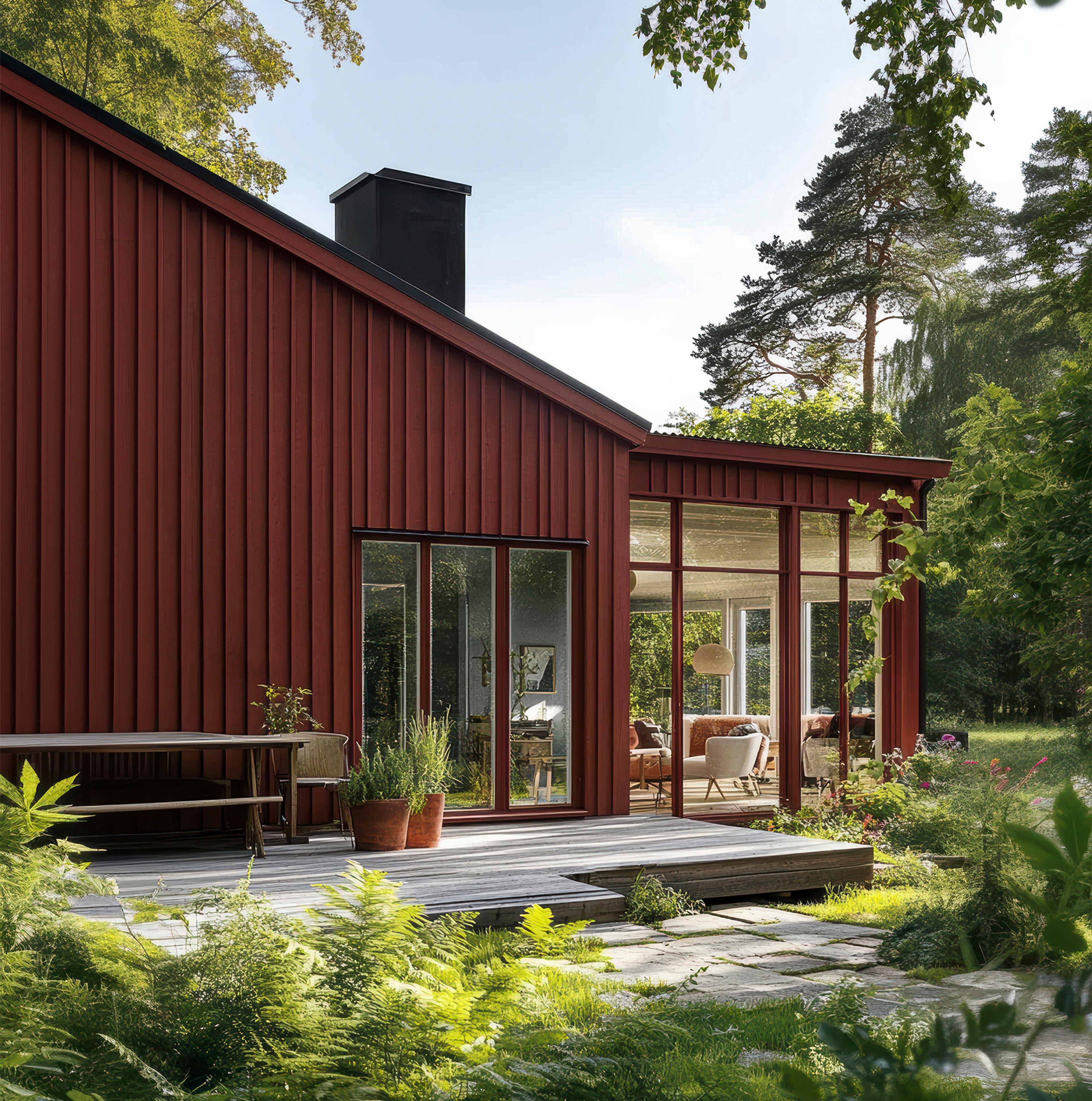 A modern red house with a glass sunroom and wooden deck surrounded by a lush green garden.