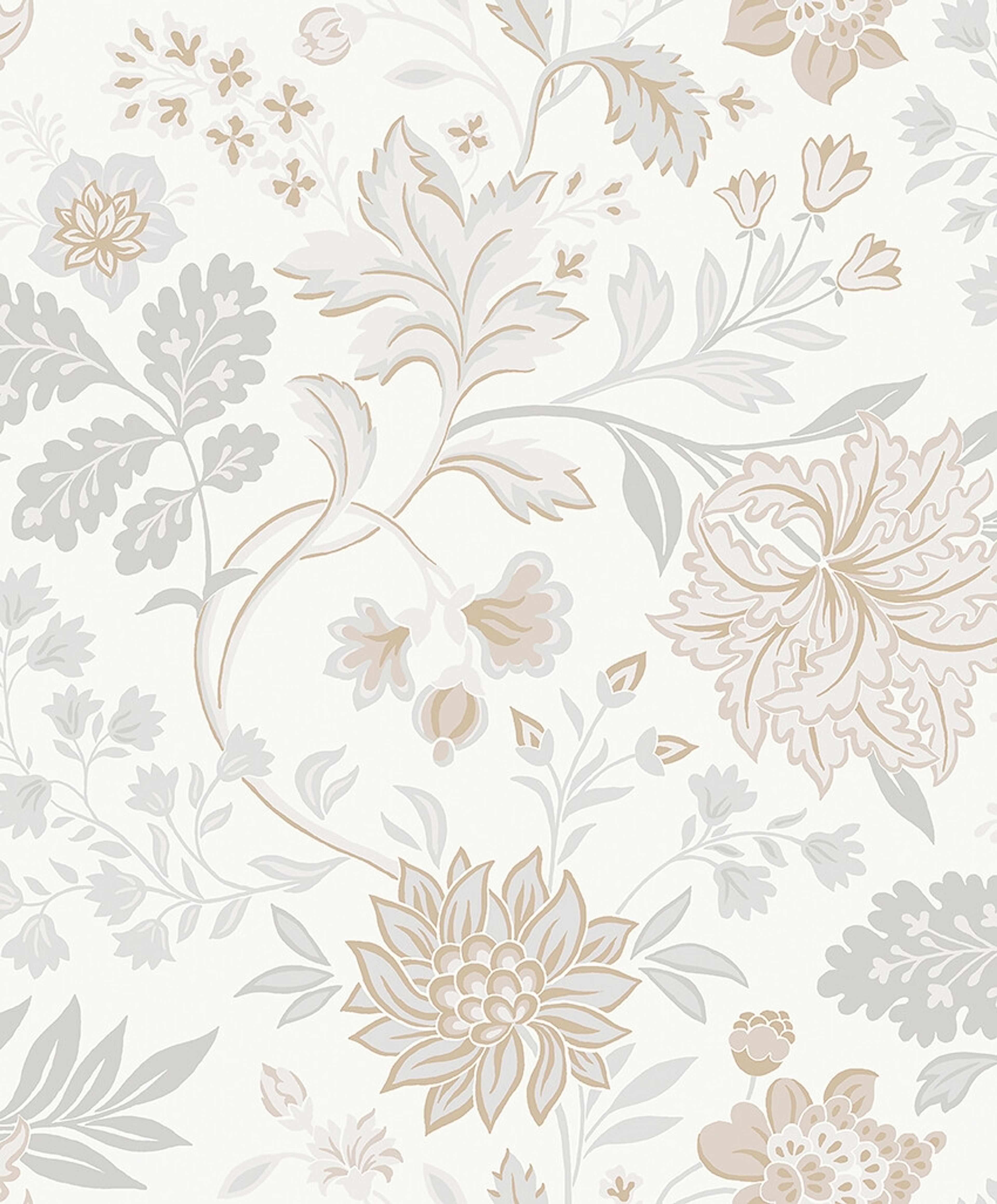 Alicia, ljusgrå/beige tapet med blommigt mönster i vit. Från kollektionen Vårt Arkiv. Nonwoven-material med förskjuten passning.