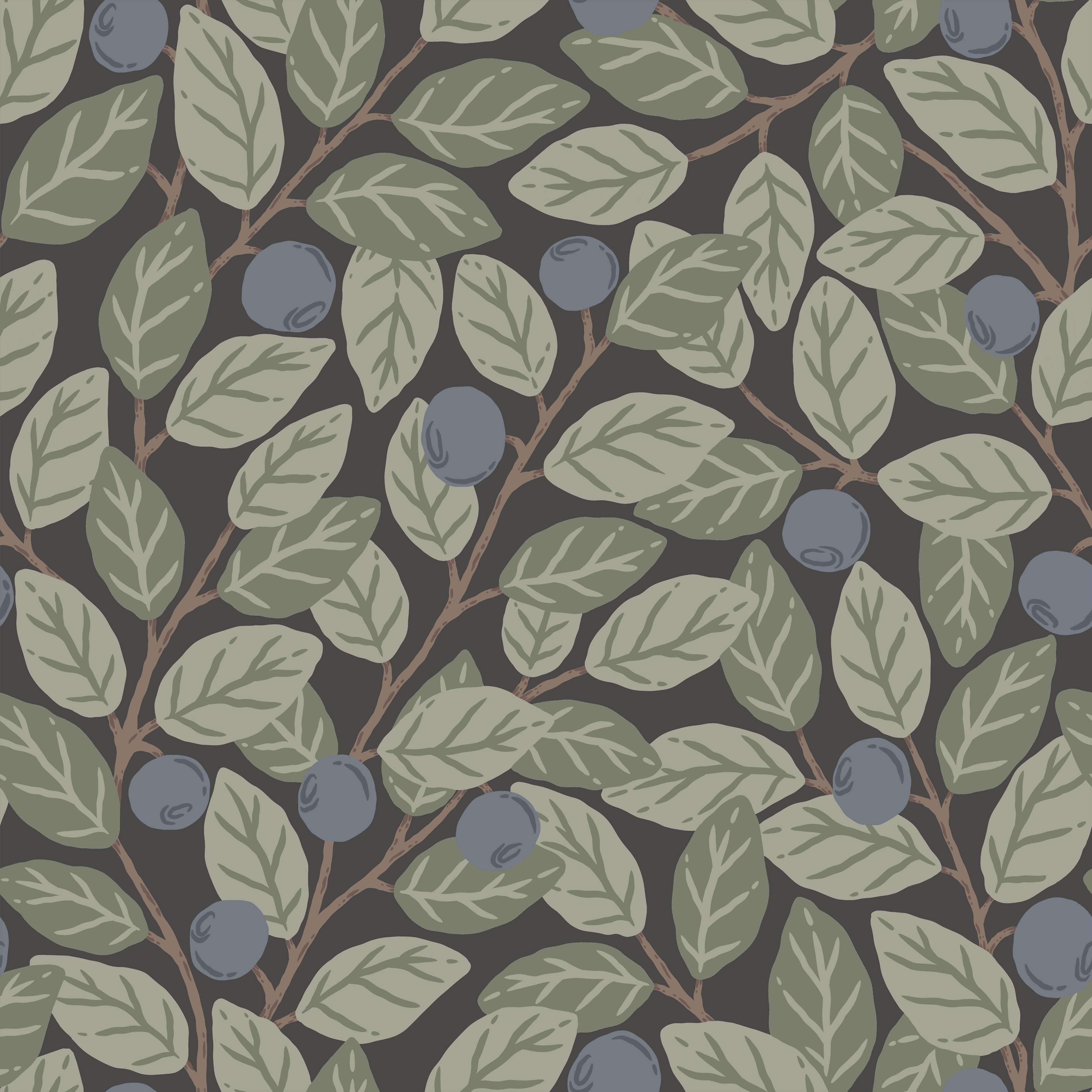 Klara o Tove blåbär stor mörkgrå, tapet tapet med botaniskt mönster i grå. Från kollektionen Klara o Tove. Nonwoven-material med rak passning. Passar i vardagsrum, sovrum och hall.