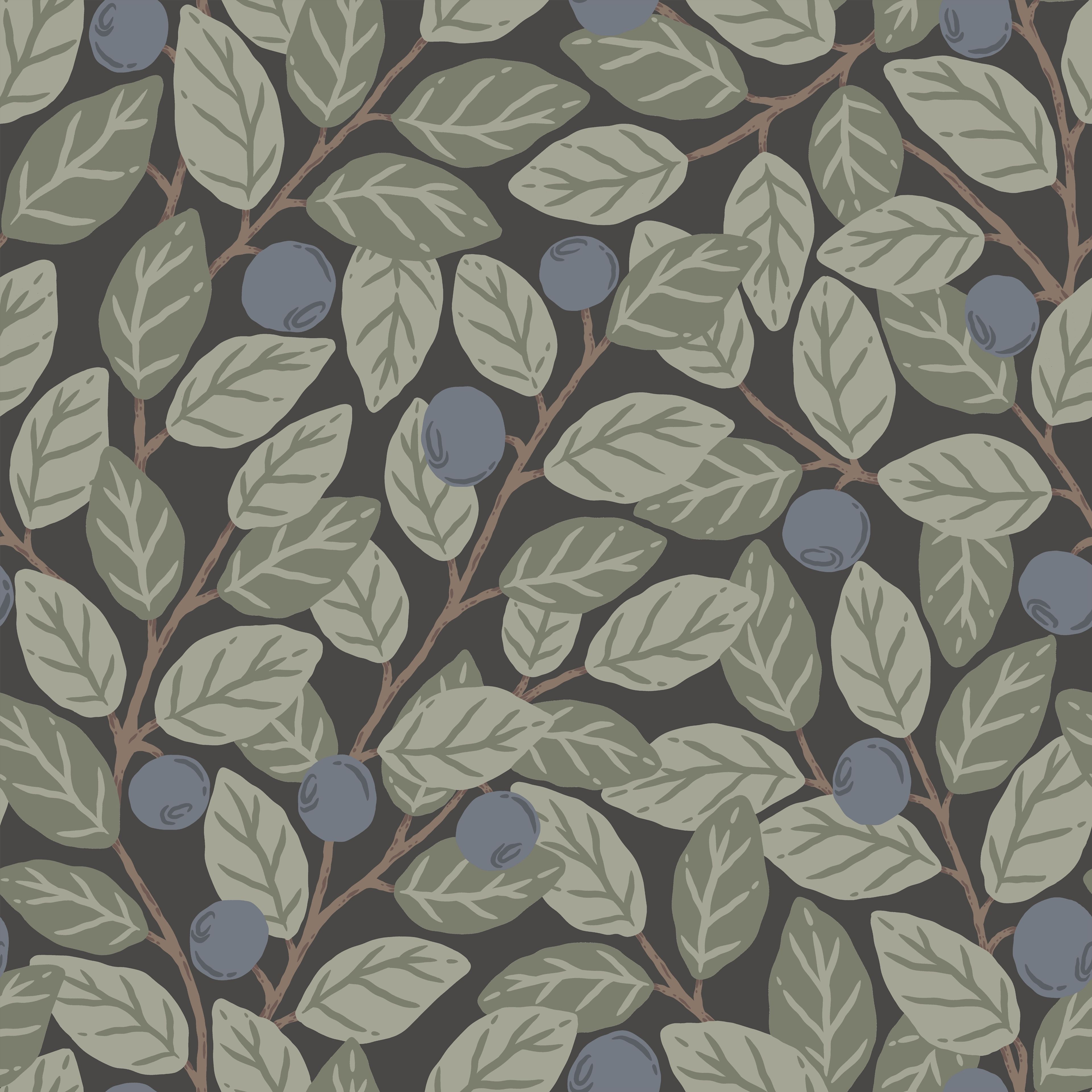 Klara o Tove blåbär stor mörkgrå, tapet tapet med botaniskt mönster i grå. Från kollektionen Klara o Tove. Nonwoven-material med rak passning. Passar i vardagsrum, sovrum och hall.