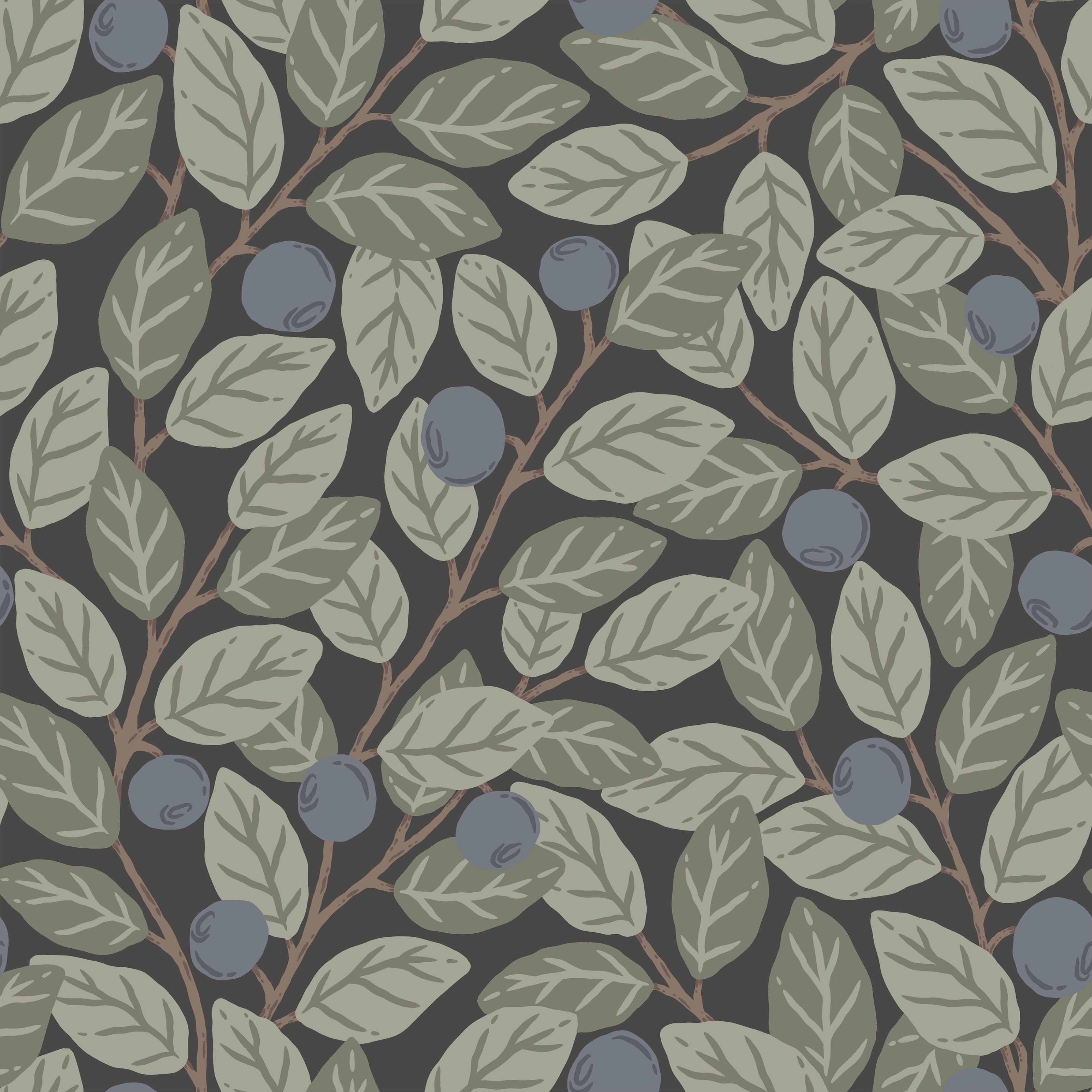 Klara o Tove blåbär stor mörkgrå, tapet tapet med botaniskt mönster i grå. Från kollektionen Klara o Tove. Nonwoven-material med rak passning. Passar i vardagsrum, sovrum och hall.