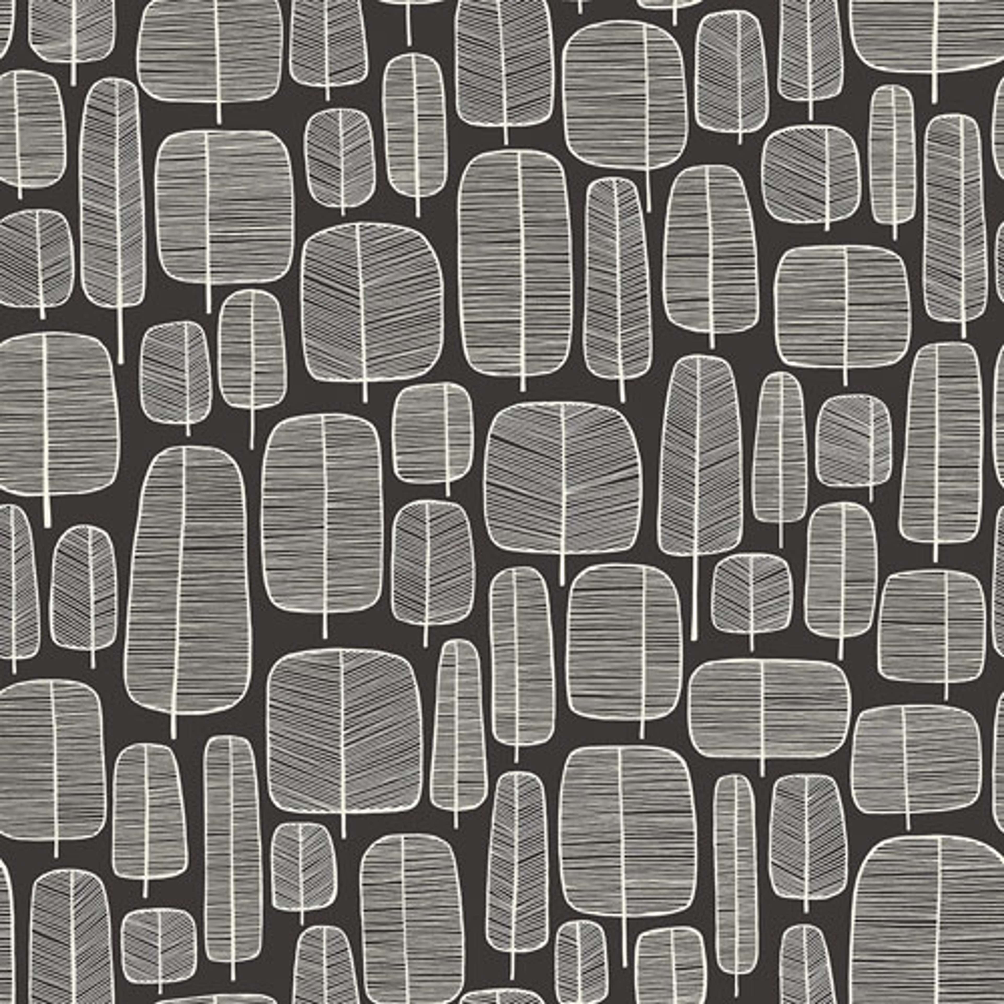 Little Trees Charcoal tapet från Midbec med botaniskt, retro mönster i svart. Från kollektionen Kinfolk. Nonwoven-material med rak passning.