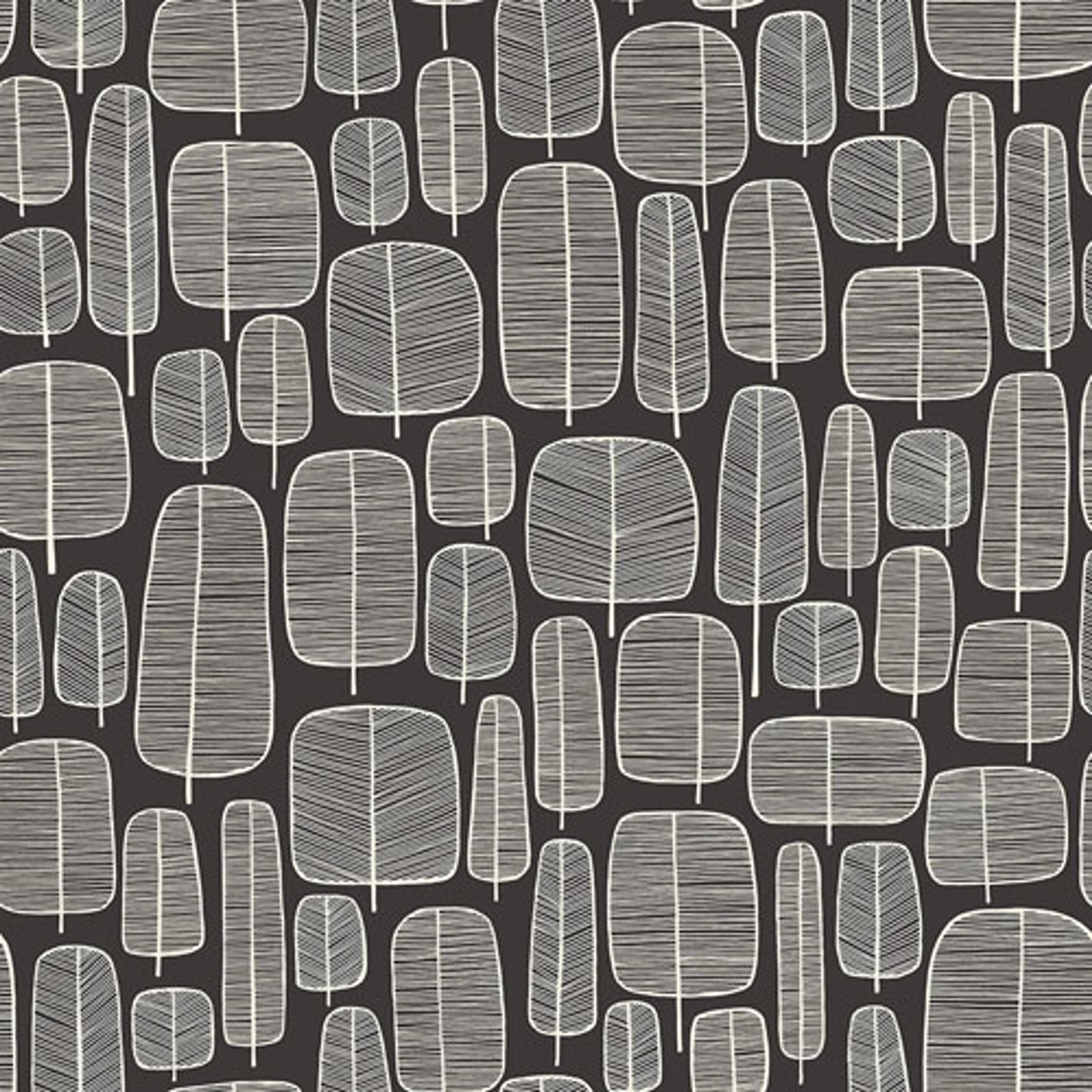 Little Trees Charcoal tapet från Midbec med botaniskt, retro mönster i svart. Från kollektionen Kinfolk. Nonwoven-material med rak passning.