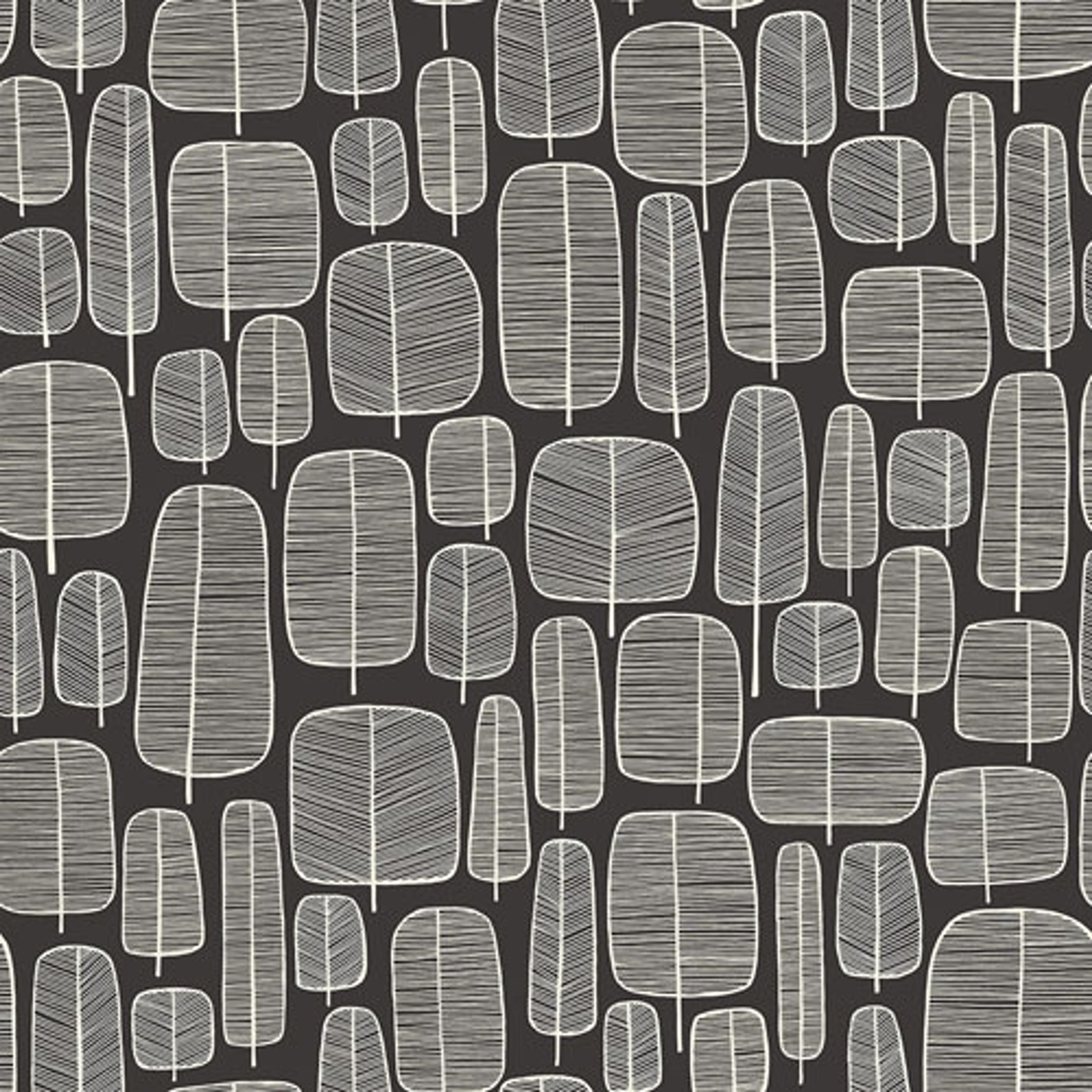 Little Trees Charcoal tapet från Midbec med botaniskt, retro mönster i svart. Från kollektionen Kinfolk. Nonwoven-material med rak passning.