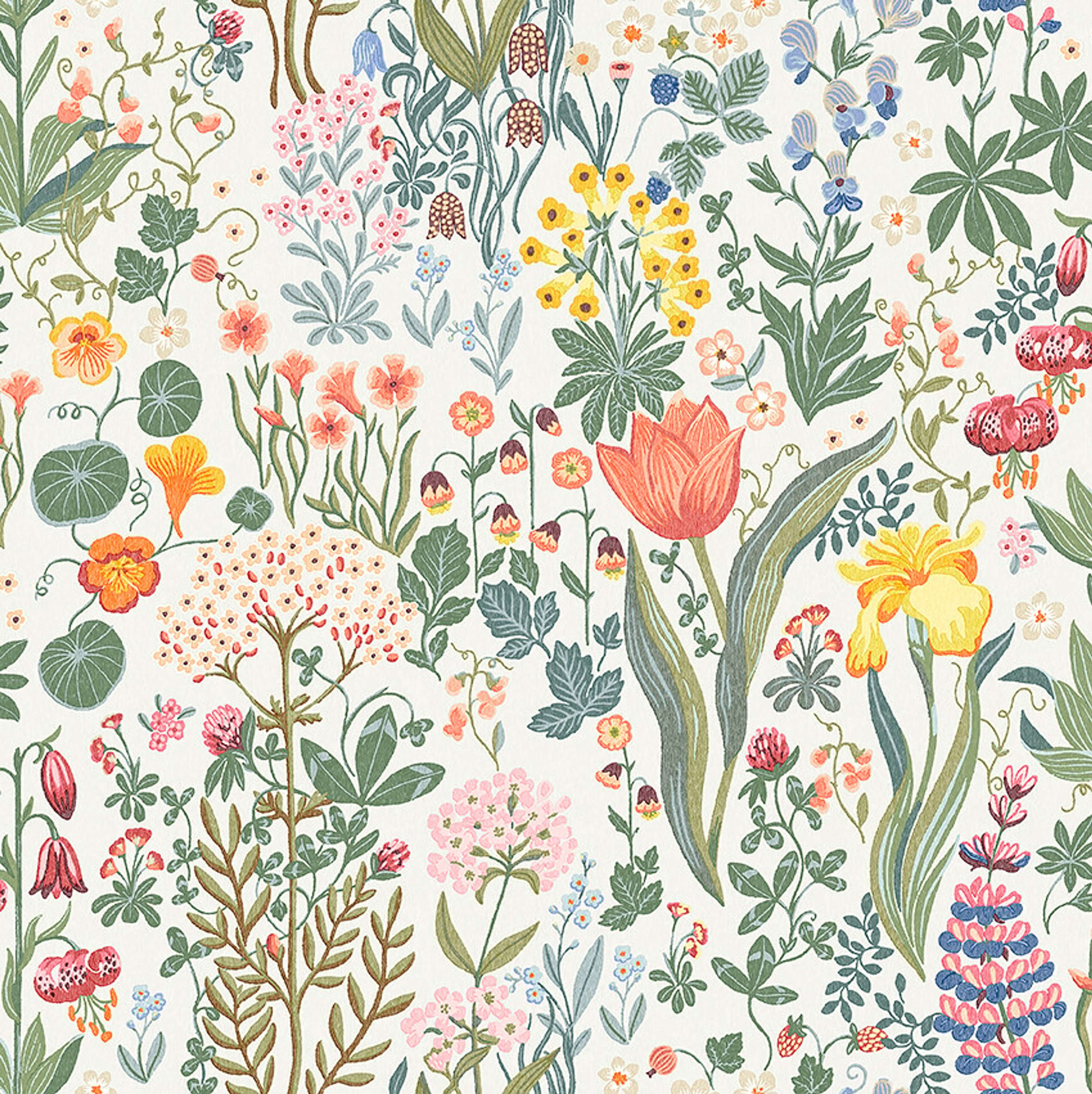 Blomsterhav tapet med botaniskt, blommigt mönster i vit. Från kollektionen New Heritage. Nonwoven-material med förskjuten passning.