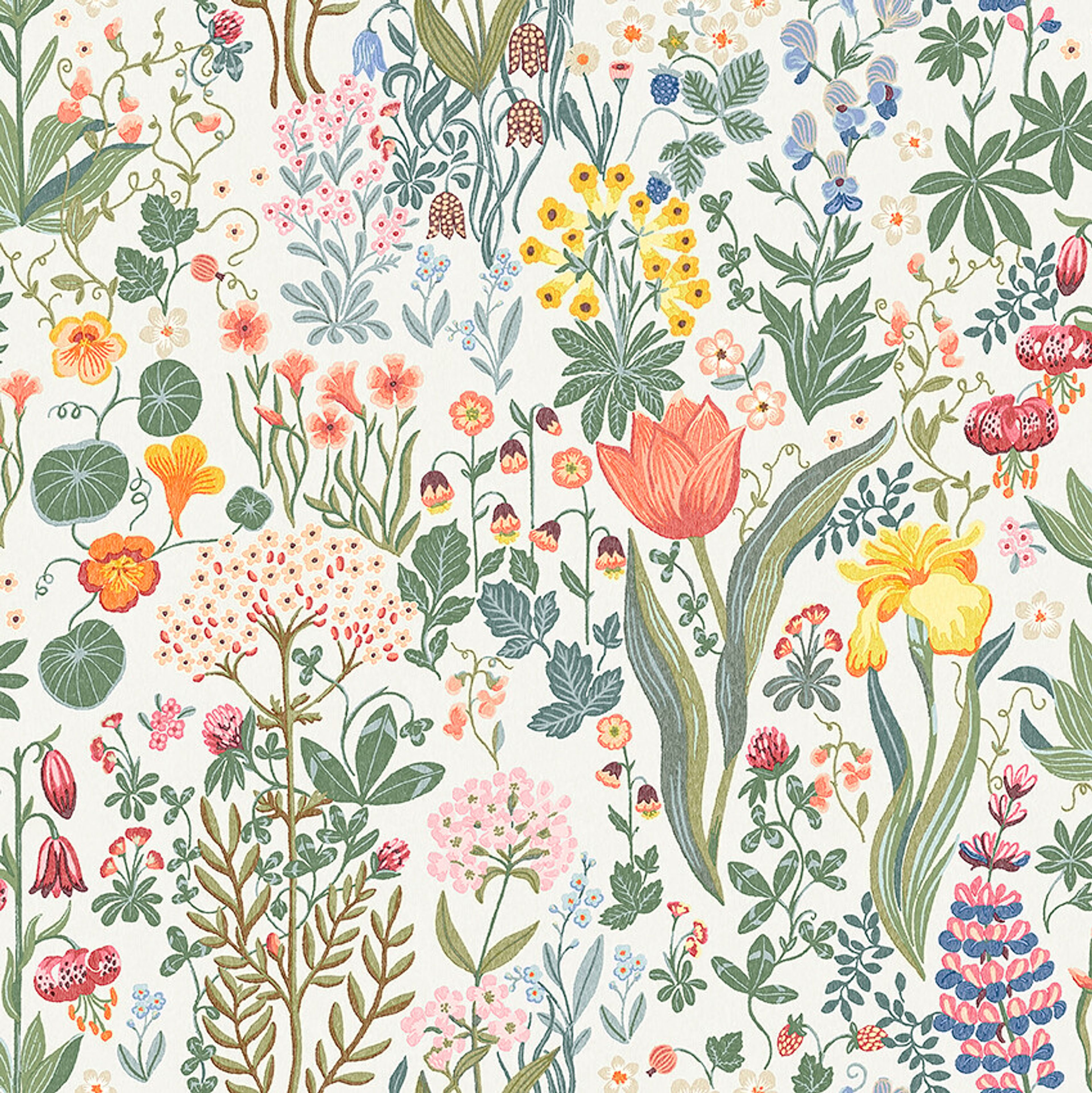 Blomsterhav tapet med botaniskt, blommigt mönster i vit. Från kollektionen New Heritage. Nonwoven-material med förskjuten passning.