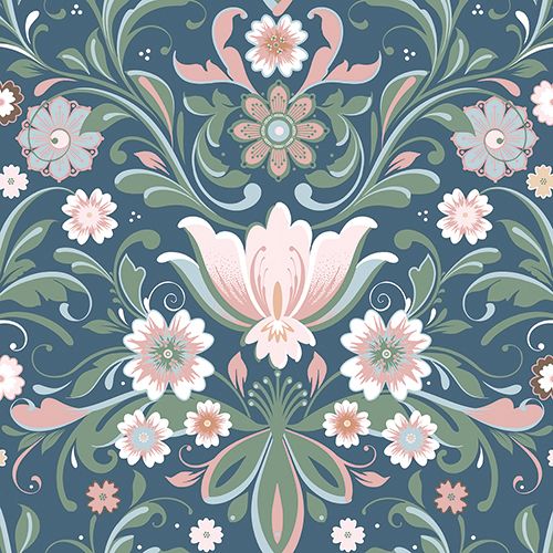 Sunnanö, ÖstanskärSunnanö Östanskär, mörkblå tapet med blommigt mönster i blå. Från kollektionen Sunnanö. Nonwoven-material med förskjuten passning.