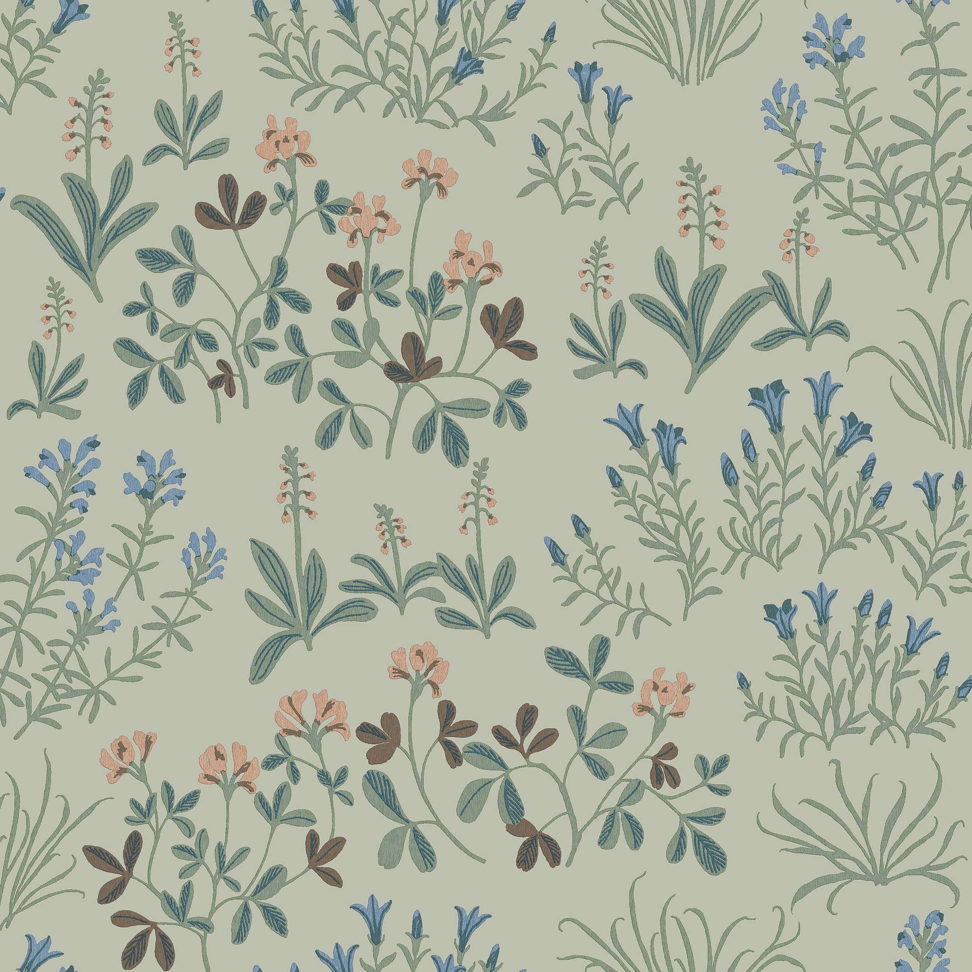 Noras Äng grön, tapet tapet med blommigt, naturochlandskap mönster i grön. Från kollektionen Nordic Folk. Nonwoven-material med förskjuten passning. Passar i sovrum.