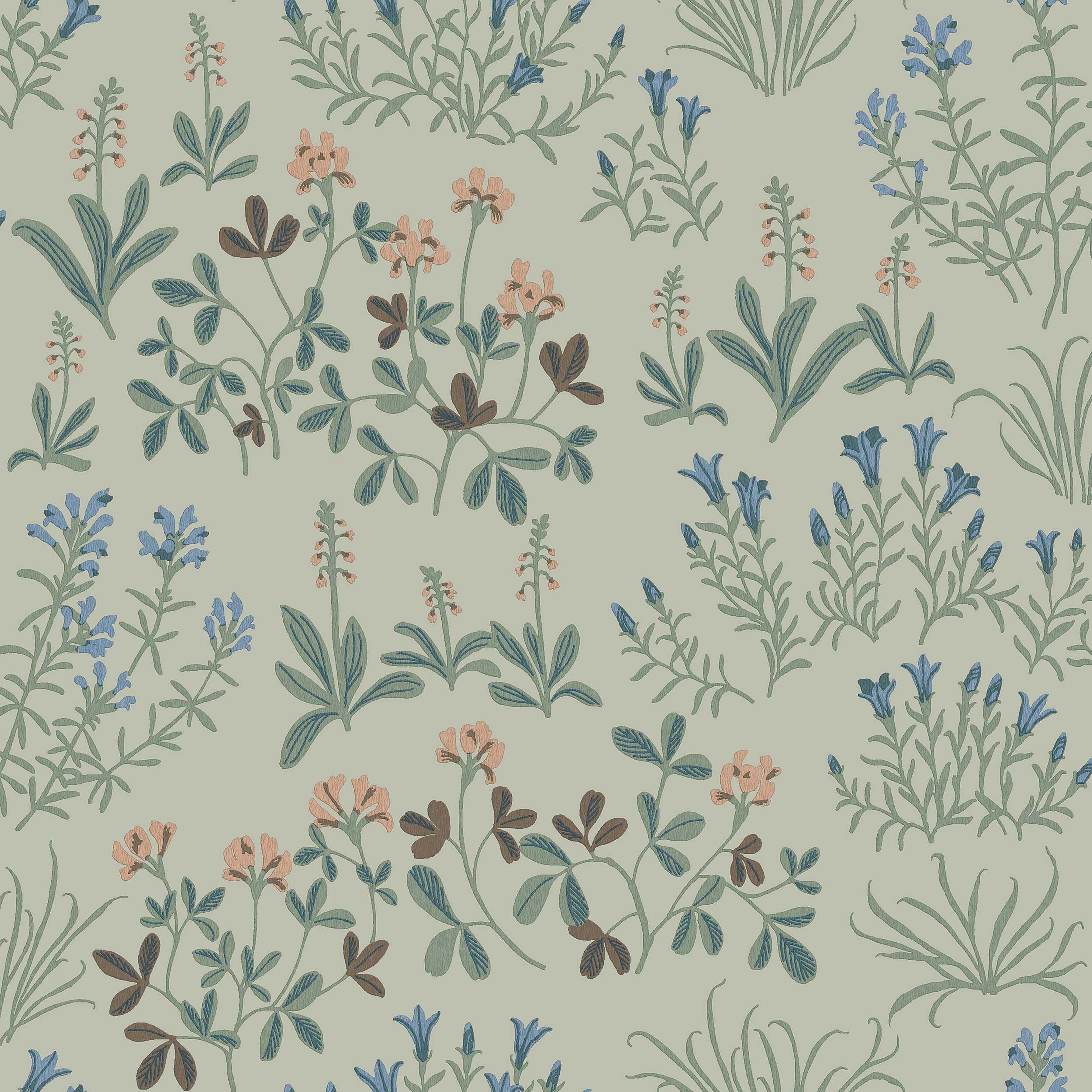 Noras Äng grön, tapet tapet med blommigt, naturochlandskap mönster i grön. Från kollektionen Nordic Folk. Nonwoven-material med förskjuten passning. Passar i sovrum.