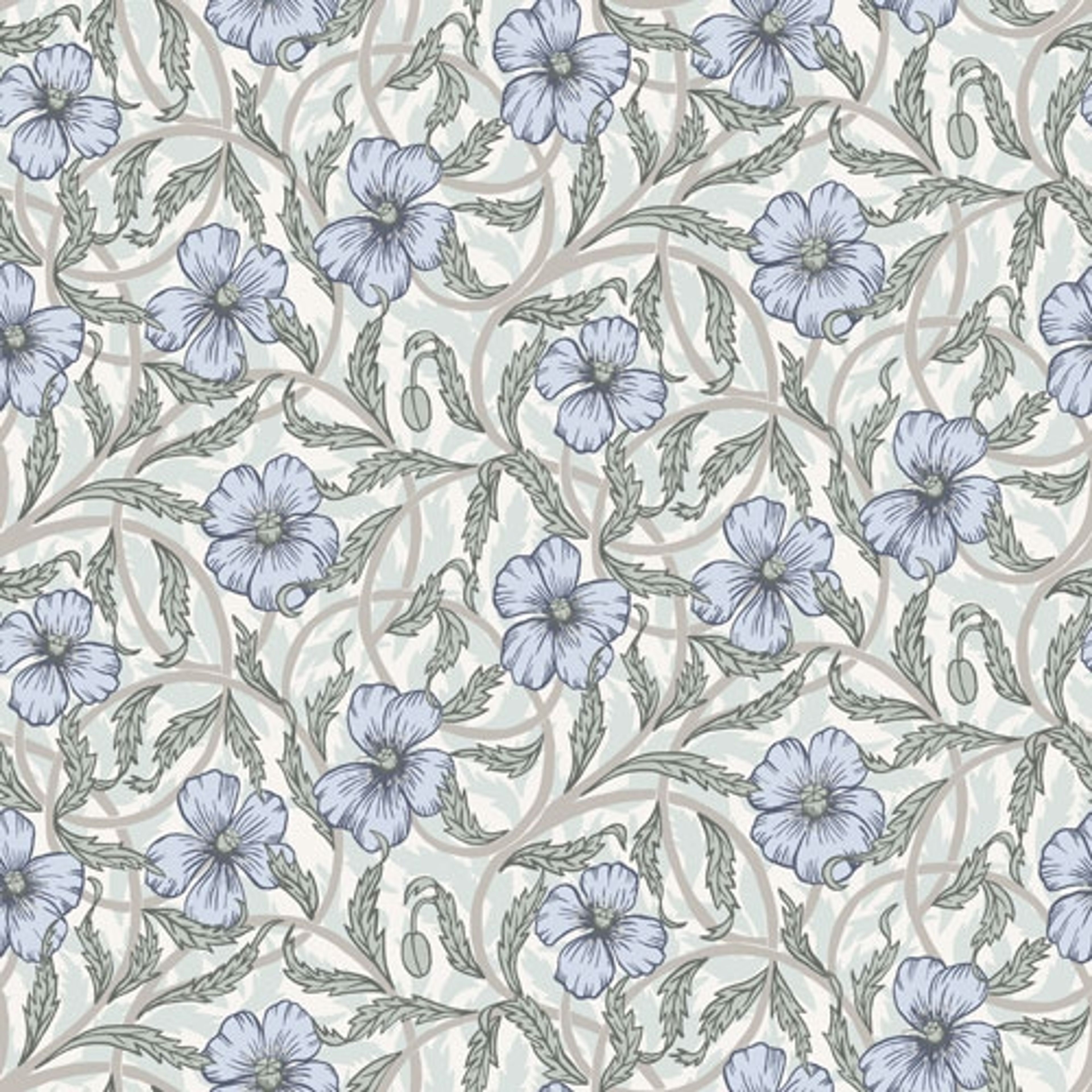Poppy storblommig, blå och grön tapet från Midbec med blommigt mönster i blå. Från kollektionen Lyckebo. Nonwoven-material med rak passning.