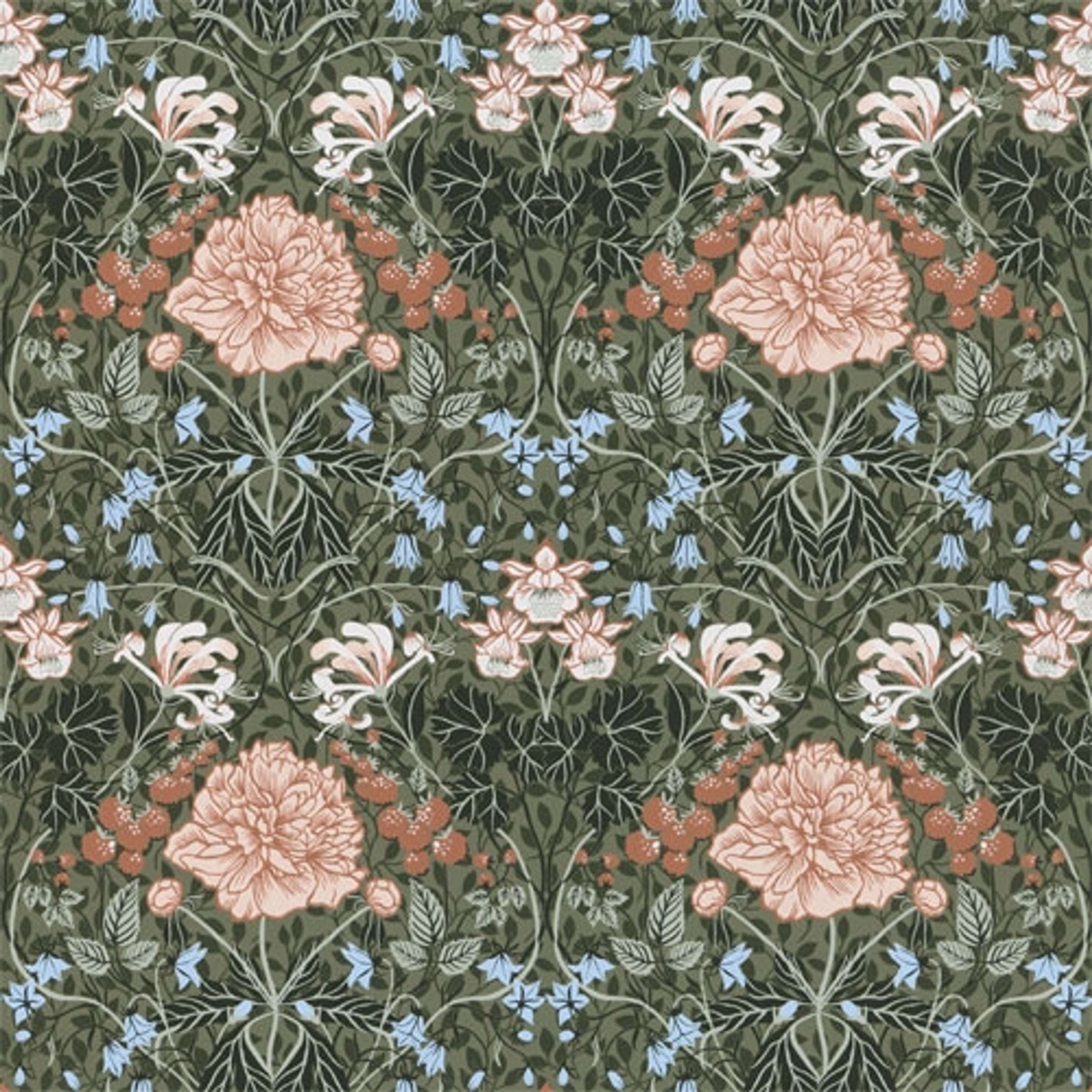 Sarah storblommig, grön tapet från Midbec med blommigt mönster i grön. Från kollektionen Lyckebo. Nonwoven-material med rak passning.