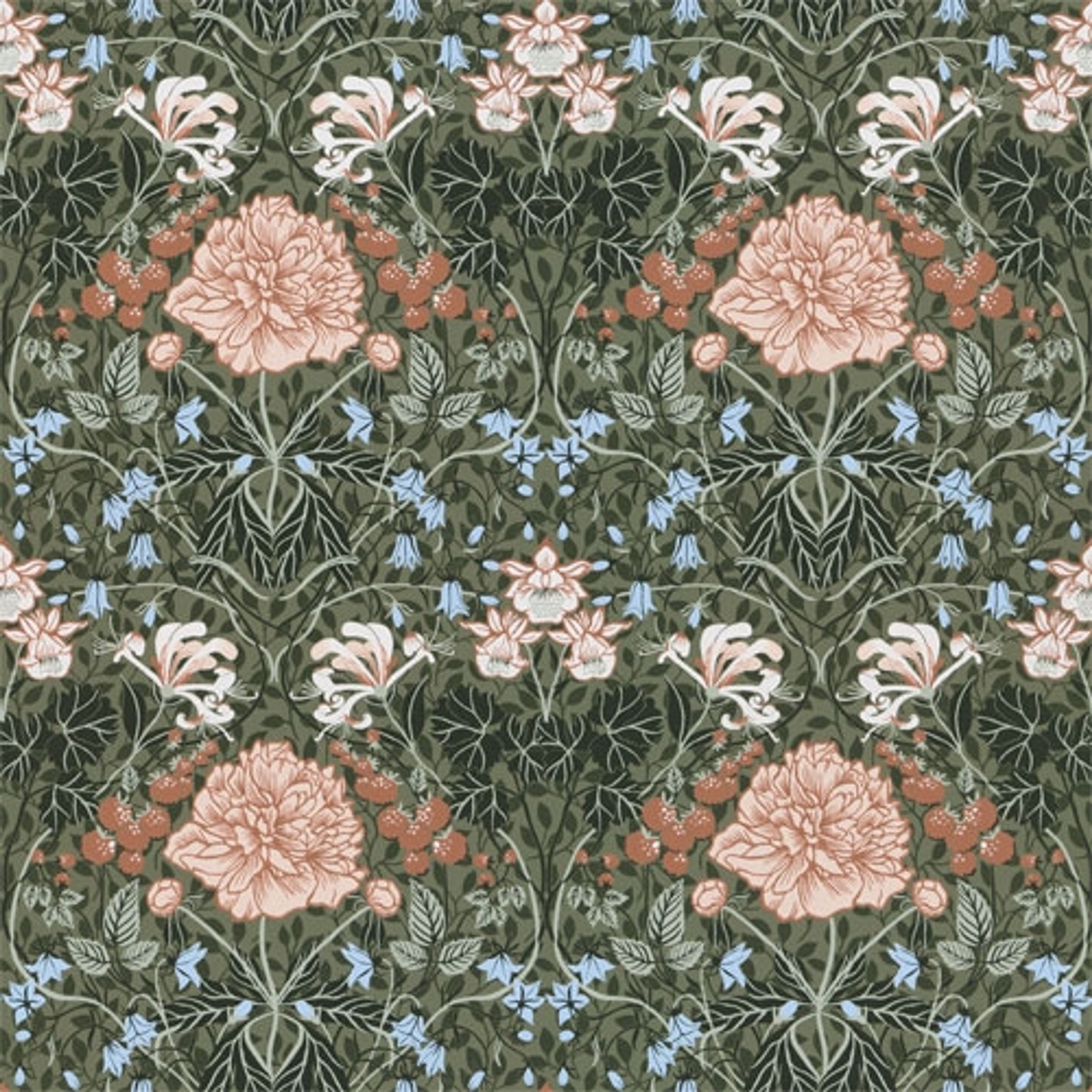 Sarah storblommig, grön tapet från Midbec med blommigt mönster i grön. Från kollektionen Lyckebo. Nonwoven-material med rak passning.