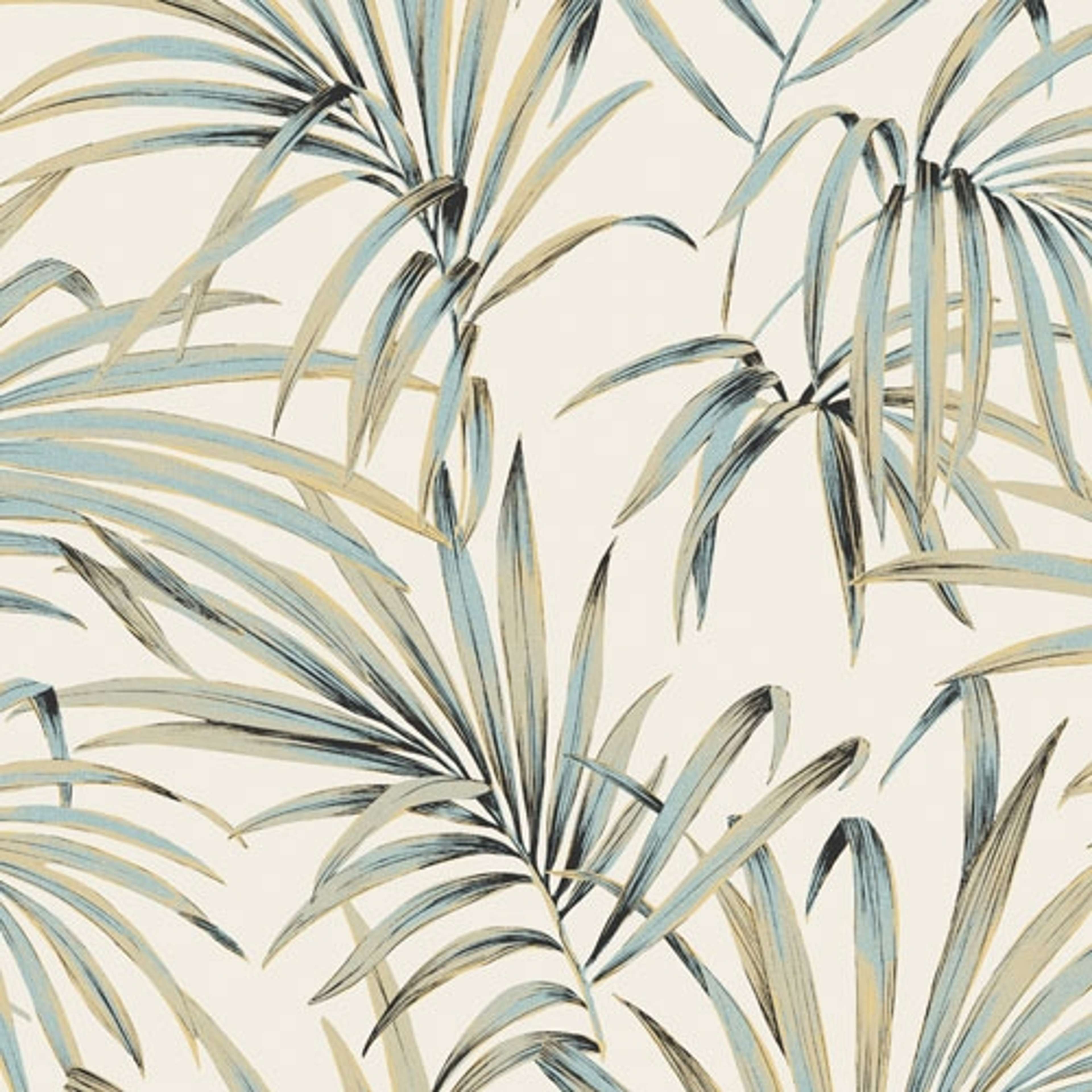 Palm teal tapet med botaniskt mönster i vit. Från kollektionen lotus. Nonwoven-material med förskjuten passning.