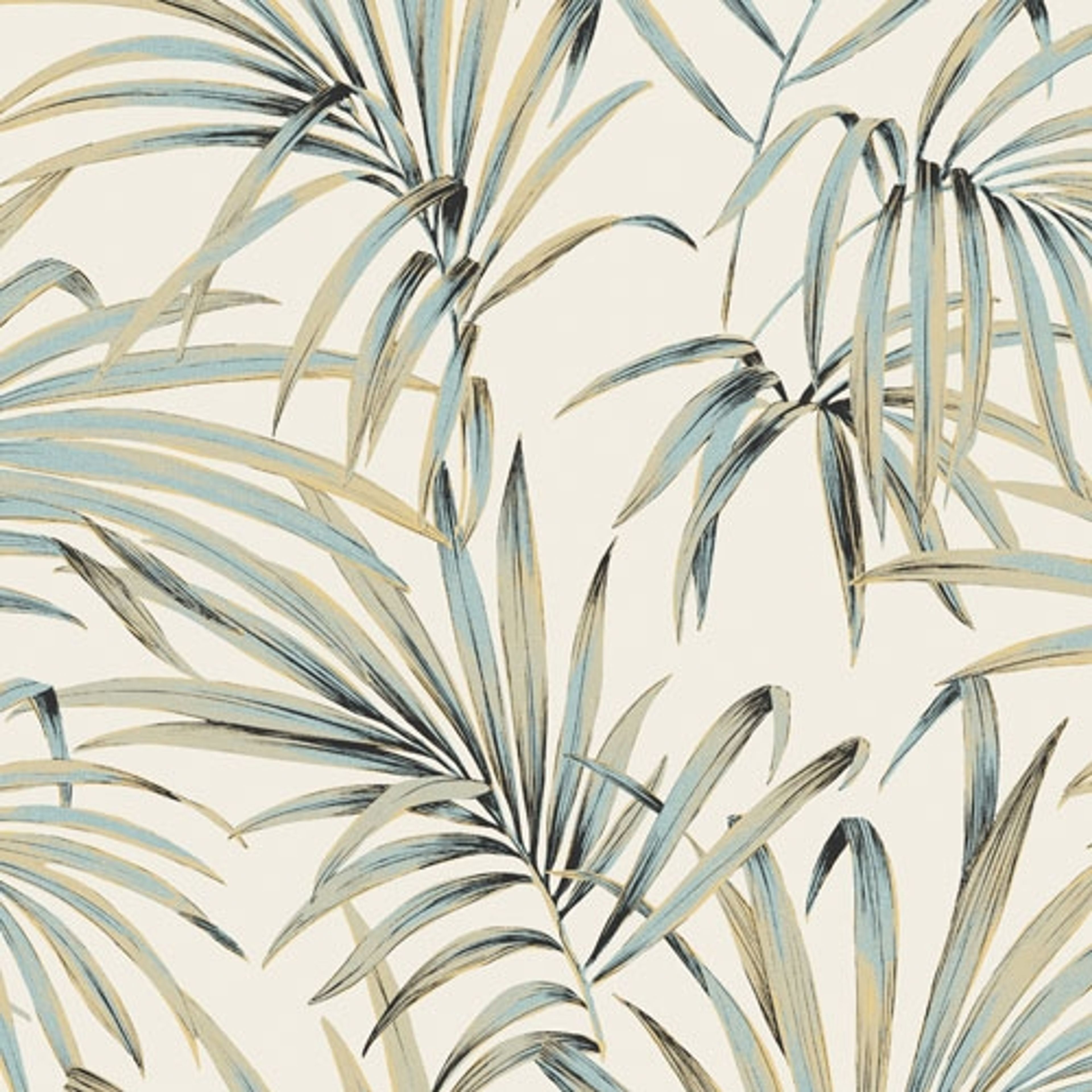 Palm teal tapet med botaniskt mönster i vit. Från kollektionen lotus. Nonwoven-material med förskjuten passning.