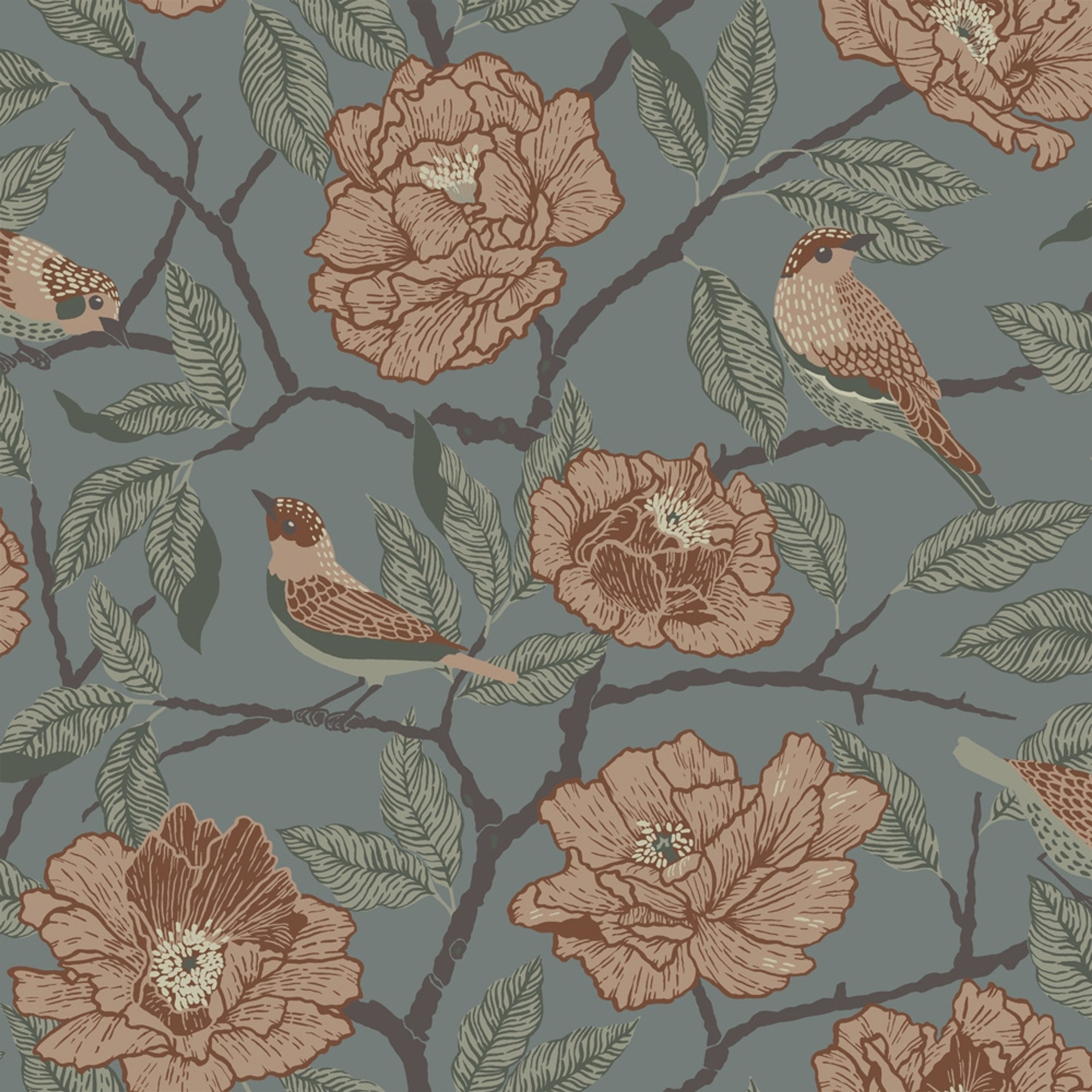 Bernadina tapet med blommigt mönster i blå. Från kollektionen Fågelsång. Nonwoven-material med förskjuten passning. Country-stil.