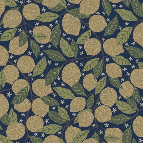 Lemona citroner, mörkblå tapet med botaniskt mönster i blå. Från kollektionen Grönhaga. Nonwoven-material med förskjuten passning. Passar i barnrum.