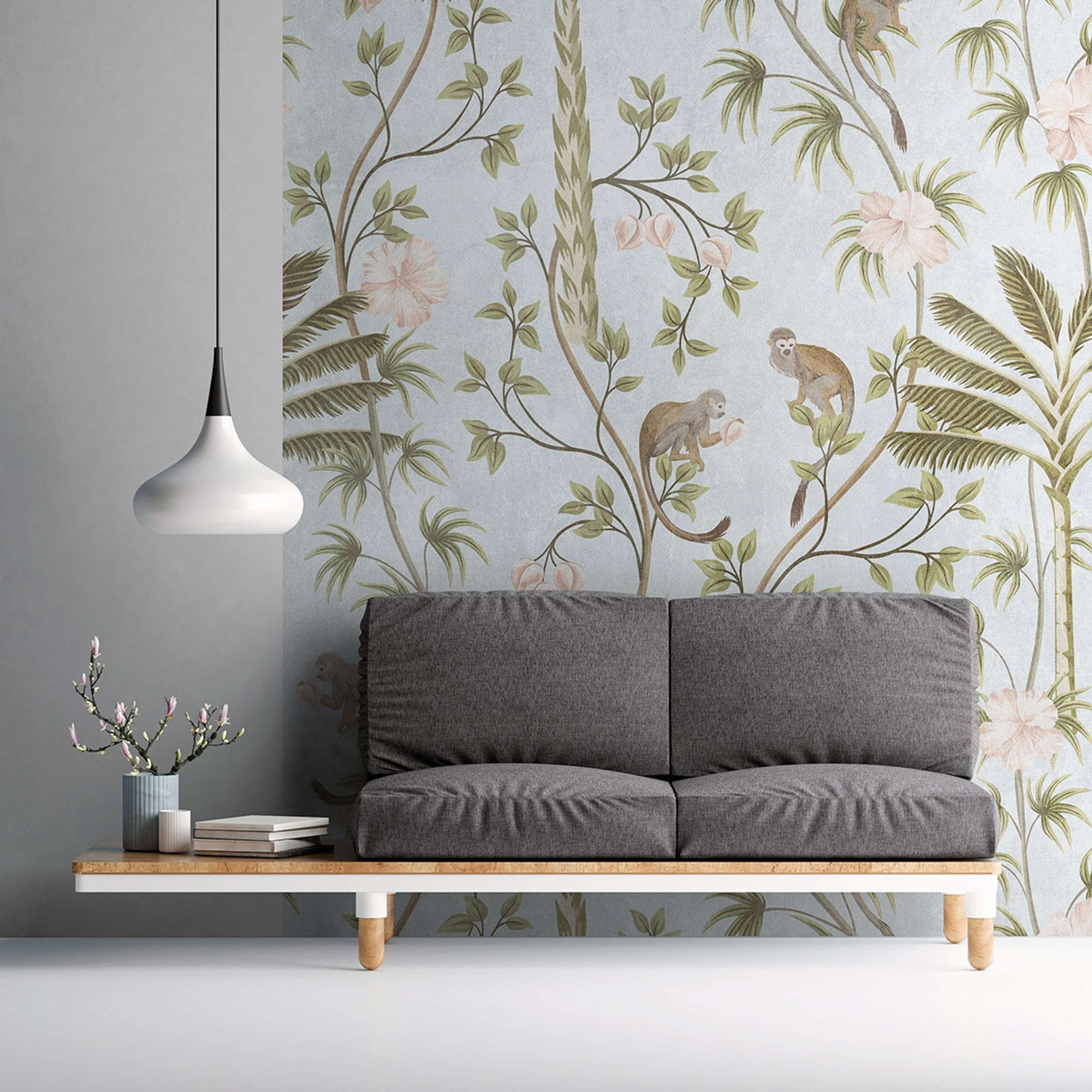 Botanic & Jungle tapet med botaniskt mönster i turkos och grön. Från kollektionen The Wall. Nonwoven-material. Passar i vardagsrum och matsal.