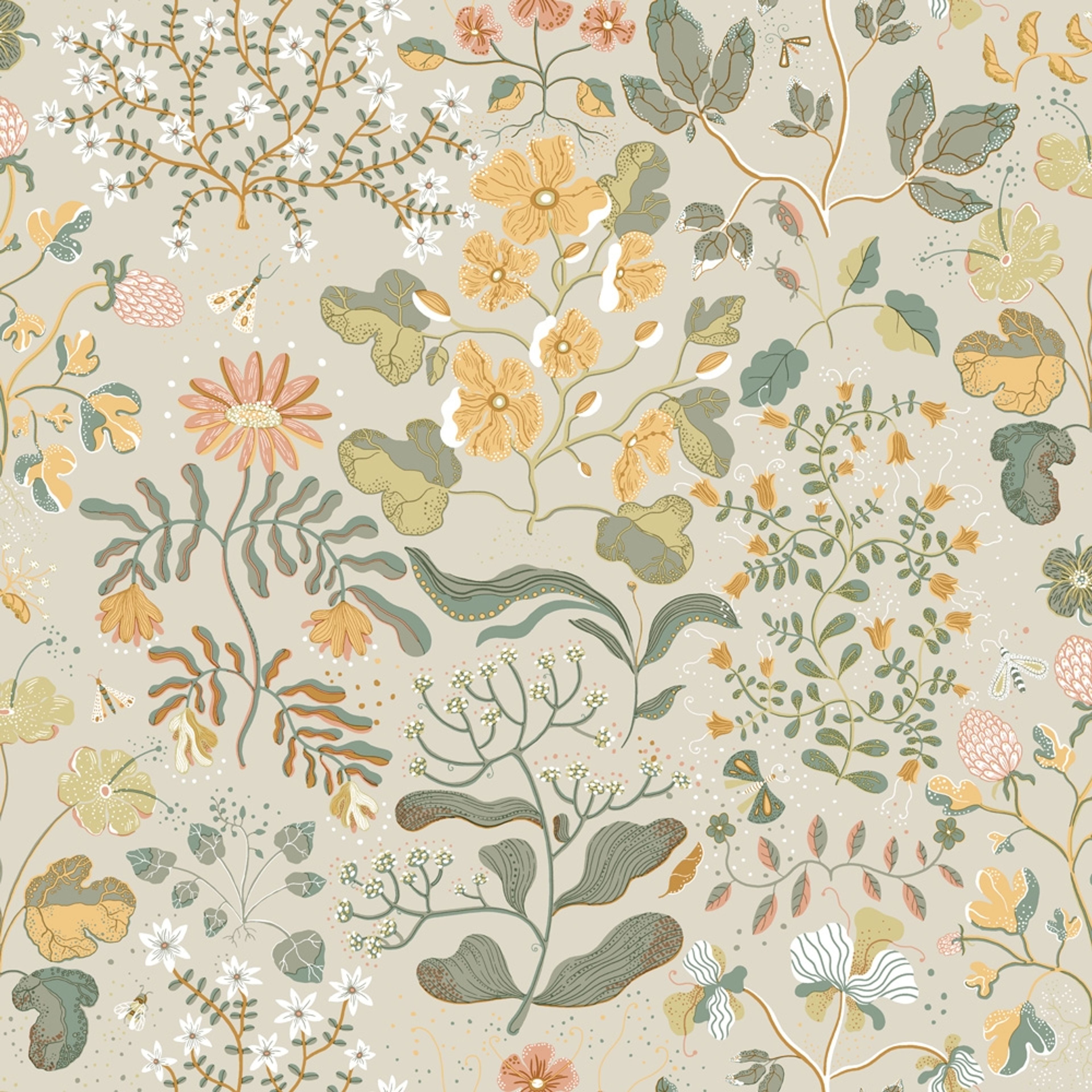 Groh tapet med blommigt mönster i beige. Från kollektionen Fägring. Nonwoven-material med förskjuten passning.
