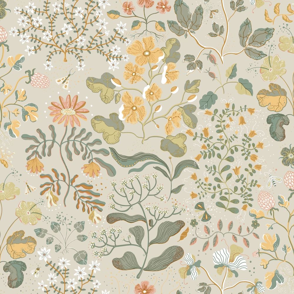 Groh tapet med blommigt mönster i beige. Från kollektionen Fägring. Nonwoven-material med förskjuten passning.