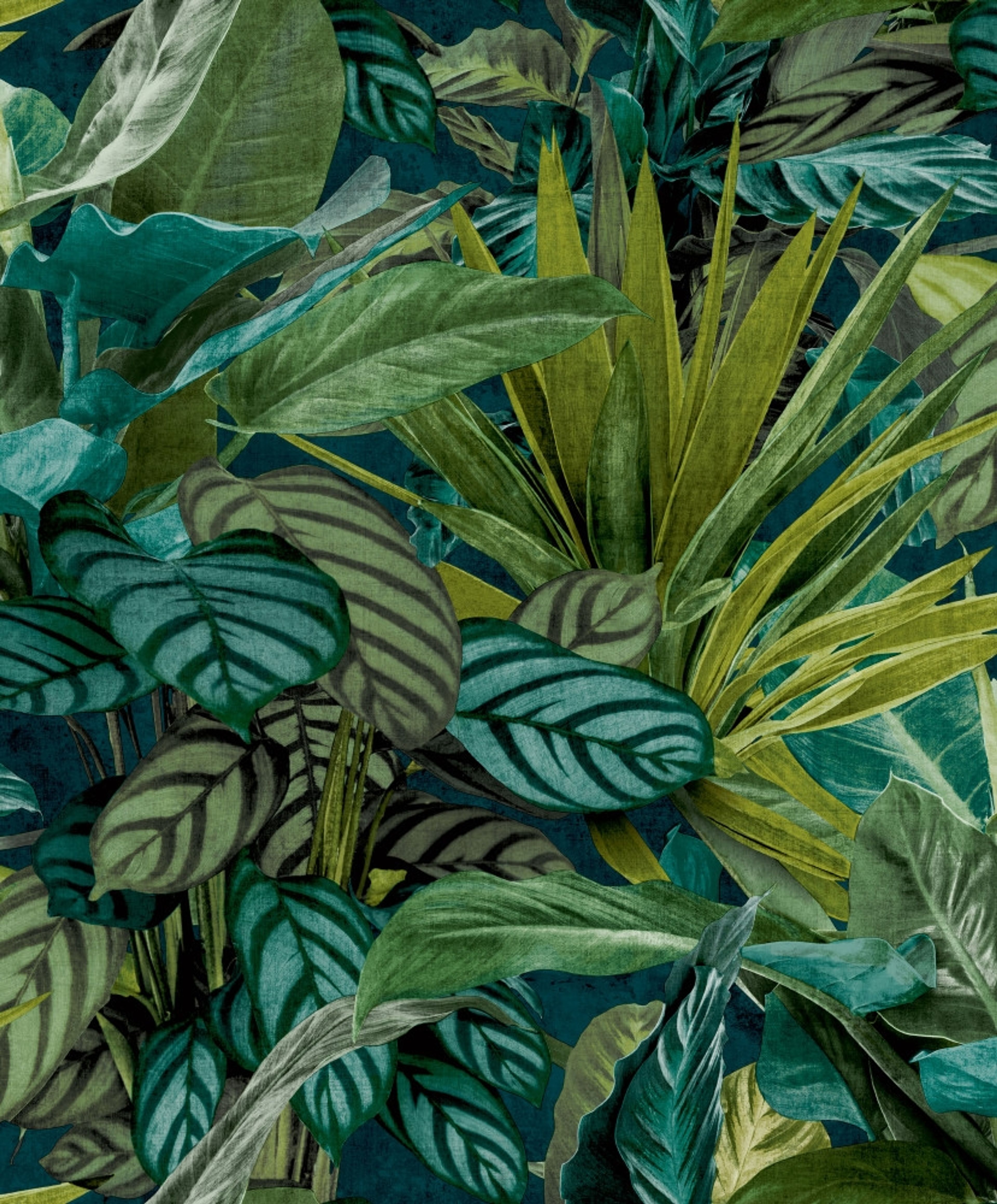Tropical vista tapet med djur, botaniskt mönster i grön. Från kollektionen Malika. Nonwoven-material med förskjuten passning. Passar i vardagsrum och matsal.