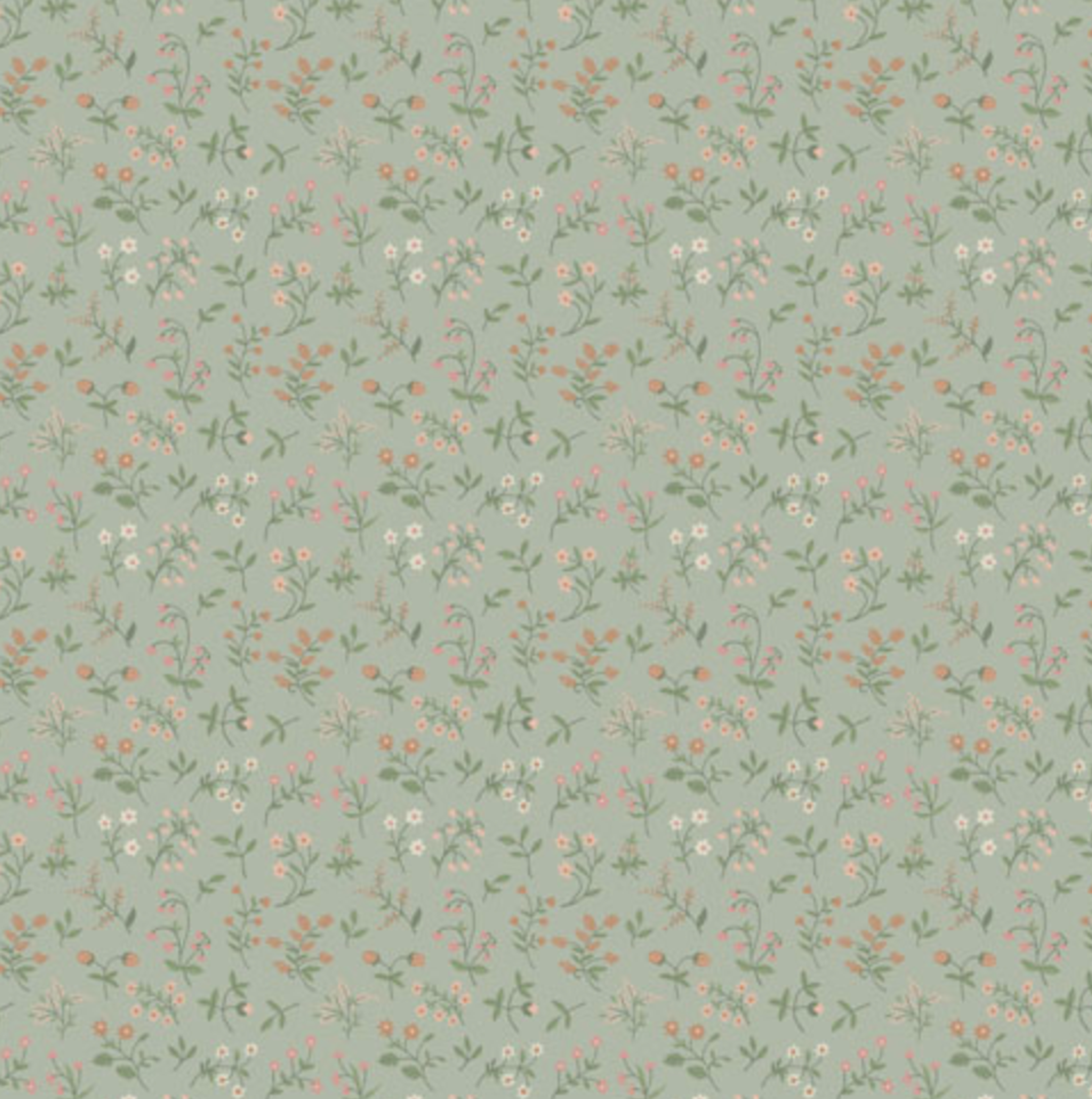 Light green background with a repeating pattern of small pink, peach, and white wildflowers.