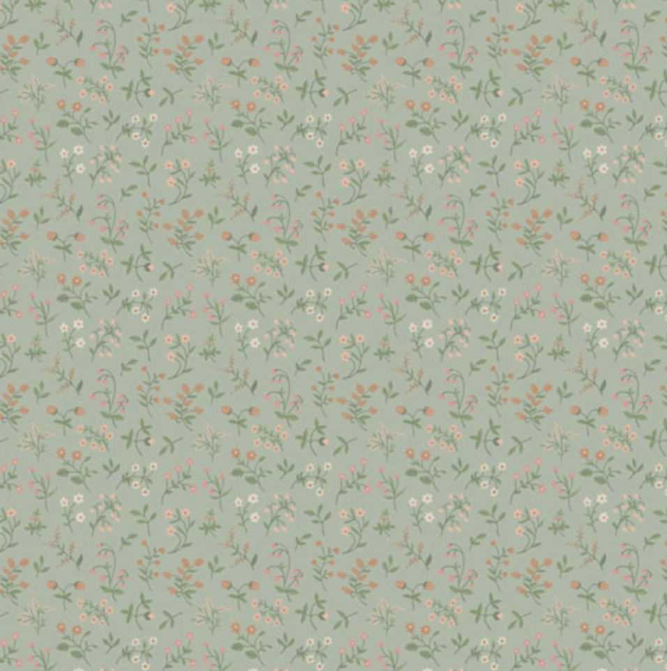 Light green background with a repeating pattern of small pink, peach, and white wildflowers.