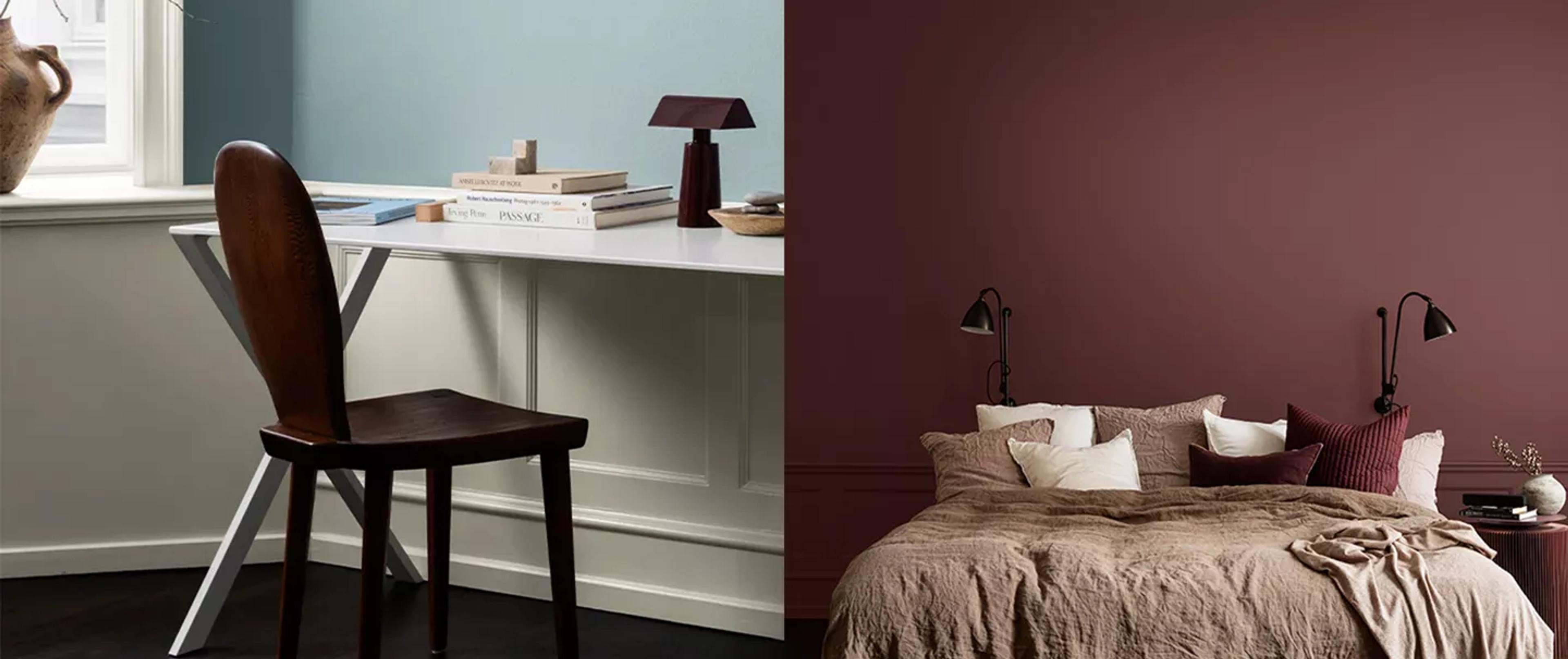 Two interior shots: a light blue study with a wooden chair and desk, and a dark red bedroom with a bed.