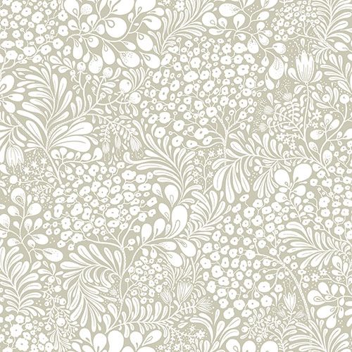 Siv, gråbeige tapet med blommigt mönster i grå. Från kollektionen Lina 2. Nonwoven-material med förskjuten passning.