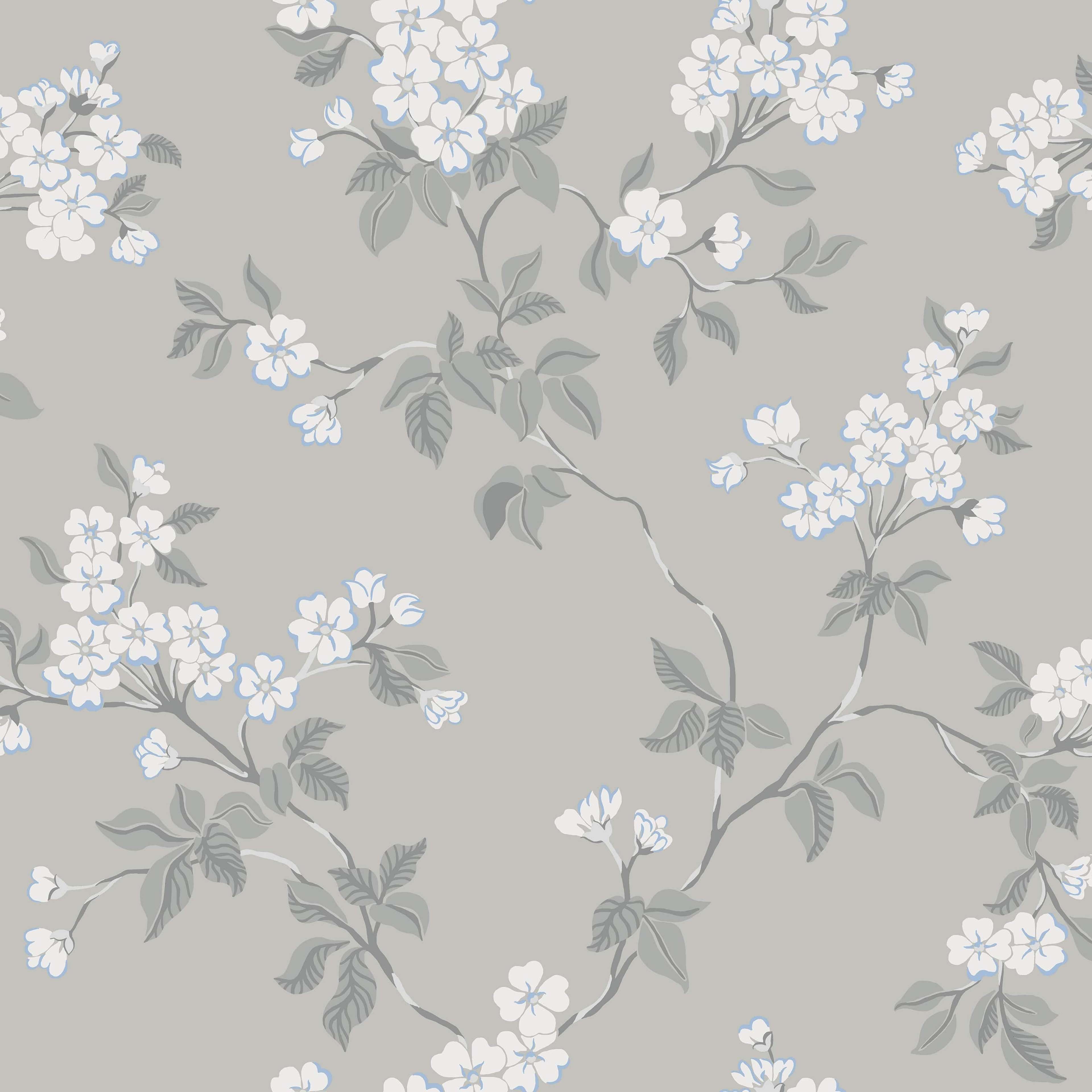 Karin, grå tapet med blommigt mönster i grå. Från kollektionen Blommor & Blad. Nonwoven-material med förskjuten passning.