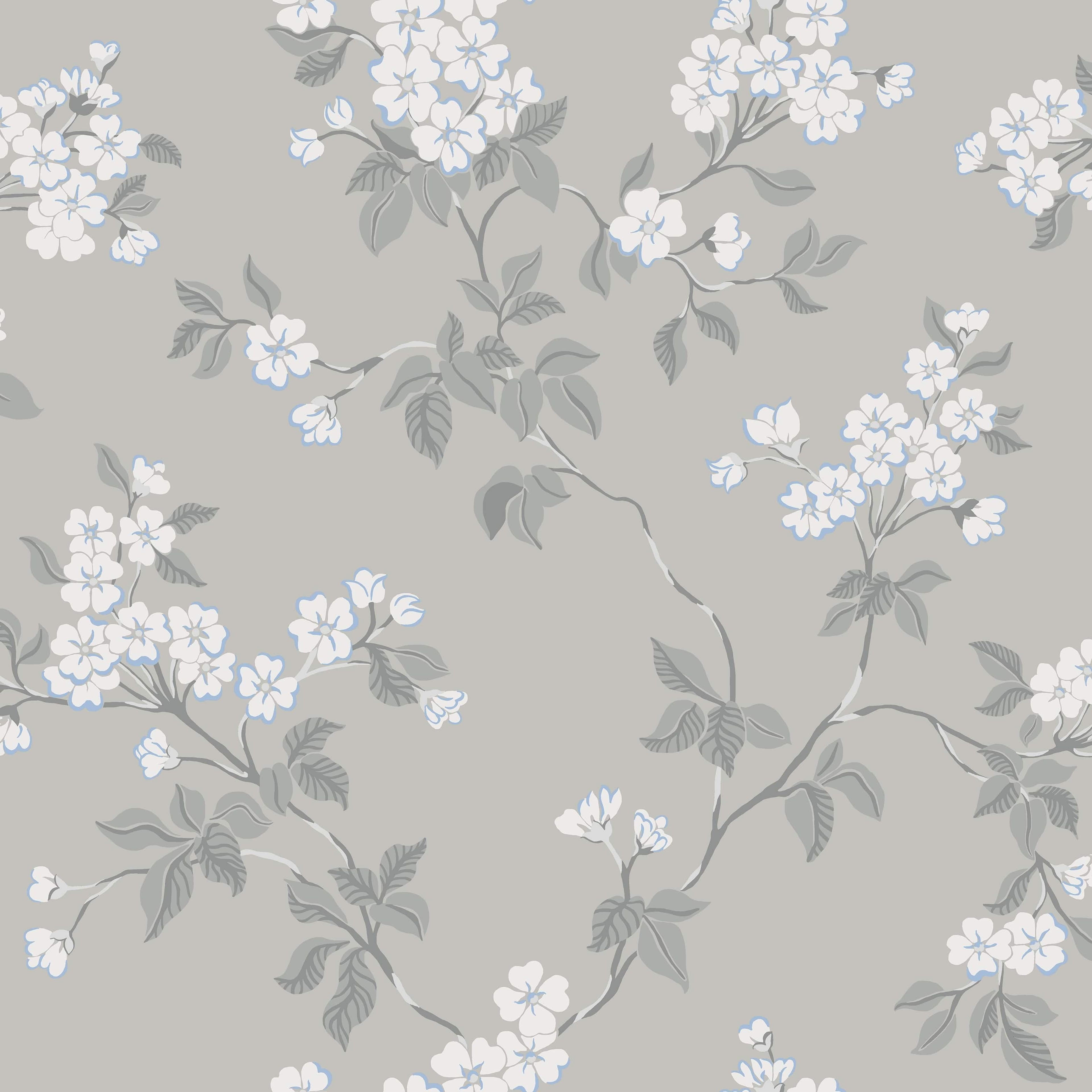Karin, grå tapet med blommigt mönster i grå. Från kollektionen Blommor & Blad. Nonwoven-material med förskjuten passning.