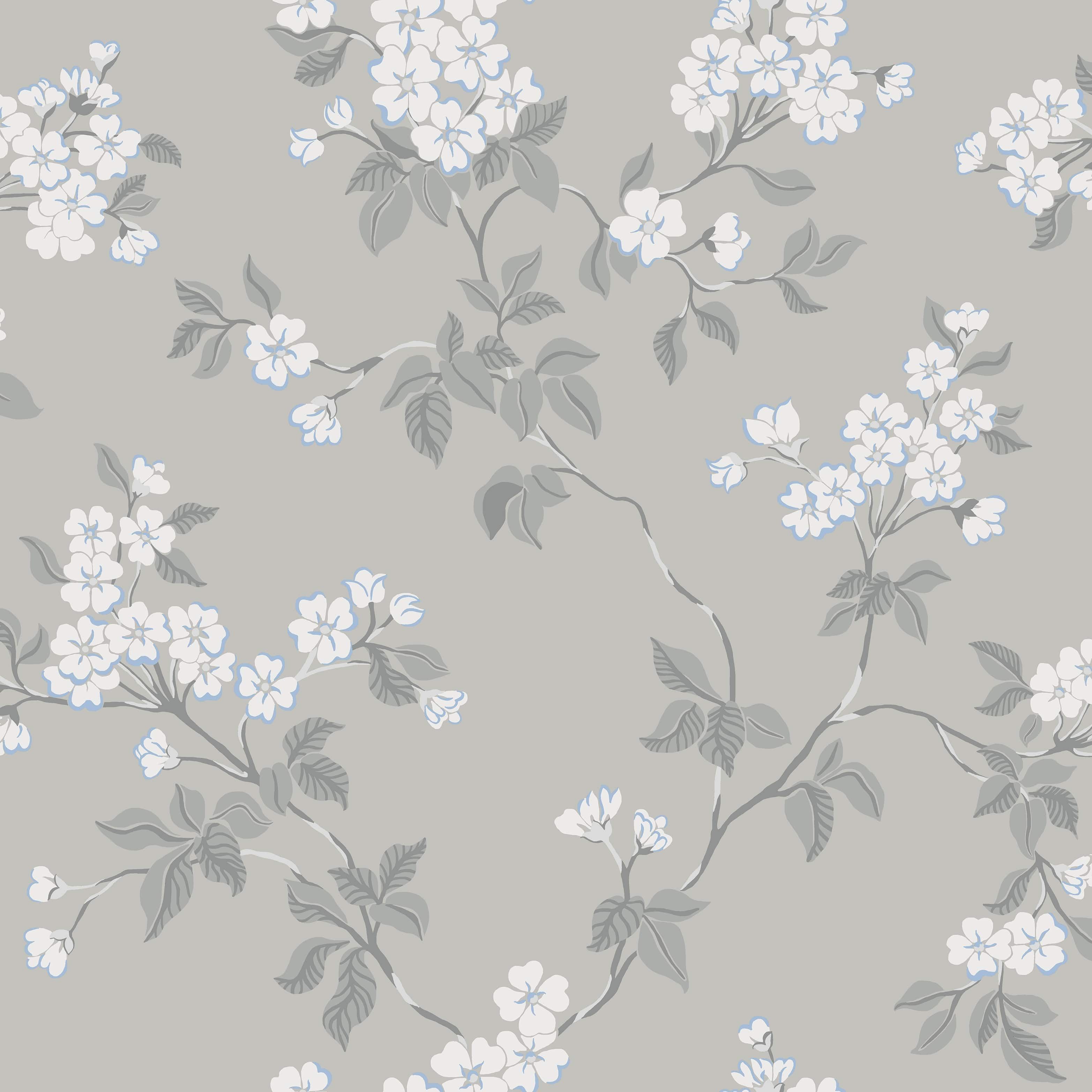 Karin, grå tapet med blommigt mönster i grå. Från kollektionen Blommor & Blad. Nonwoven-material med förskjuten passning.