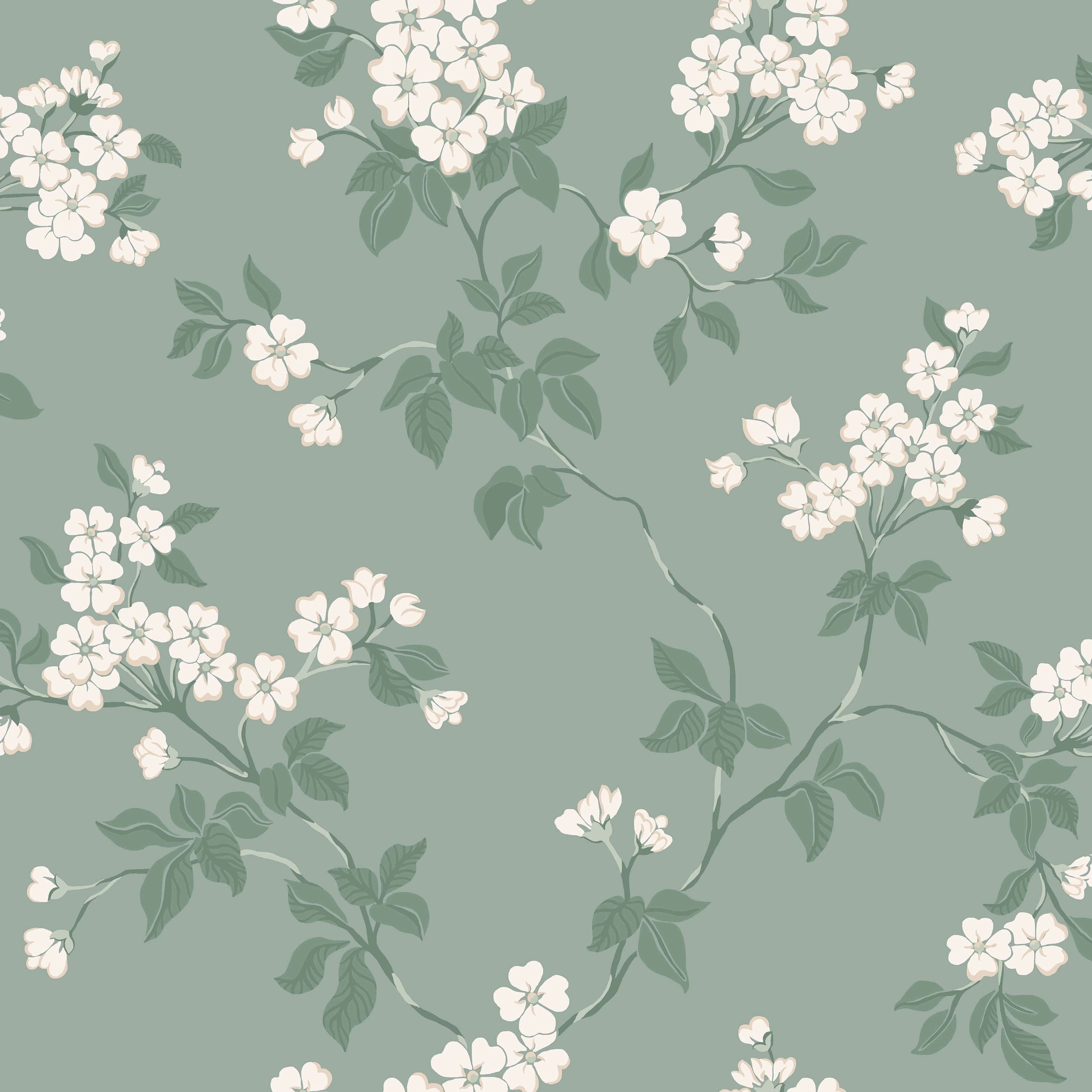 Karin, grön tapet med blommigt mönster i grön. Från kollektionen Blommor & Blad. Nonwoven-material med förskjuten passning.