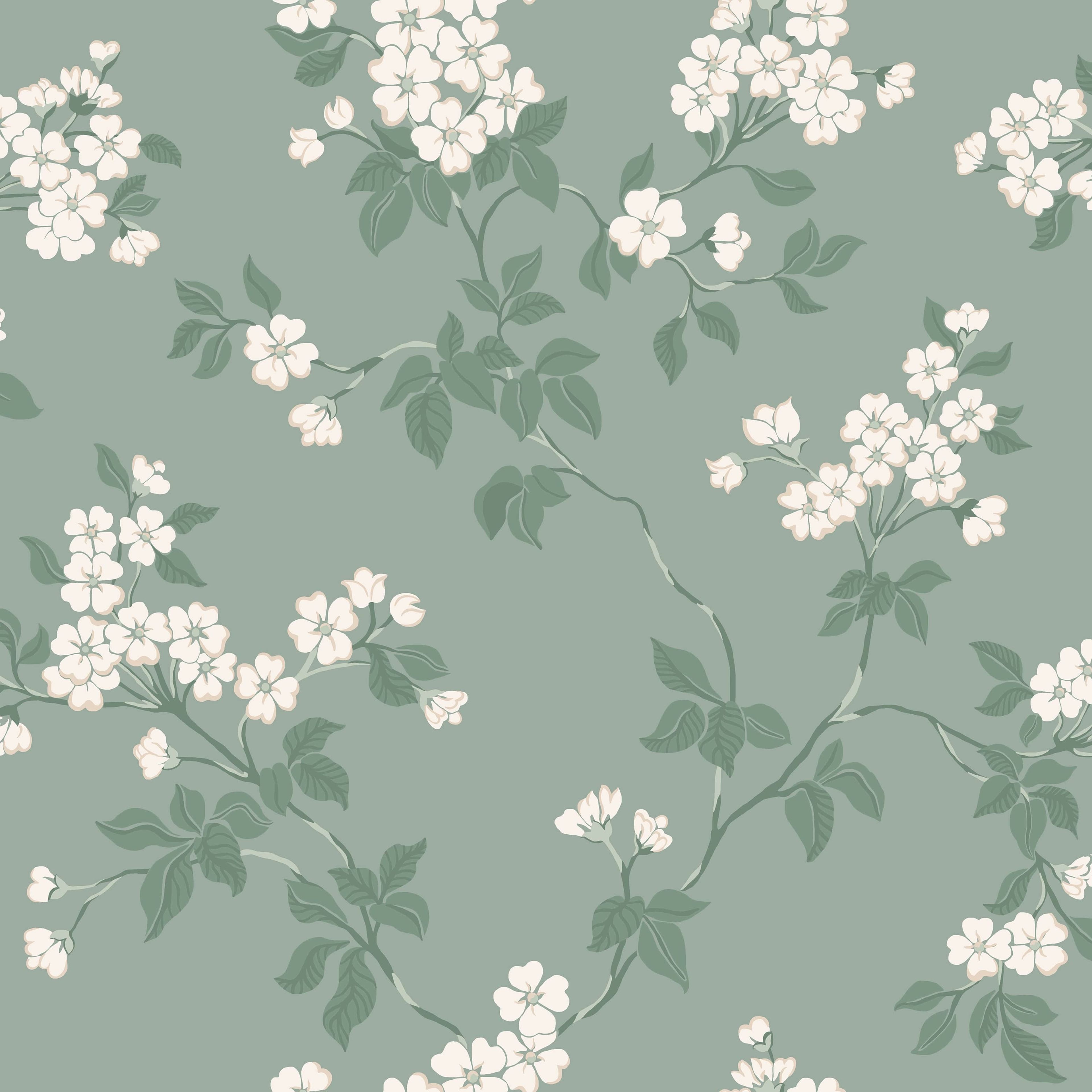 Karin, grön tapet med blommigt mönster i grön. Från kollektionen Blommor & Blad. Nonwoven-material med förskjuten passning.