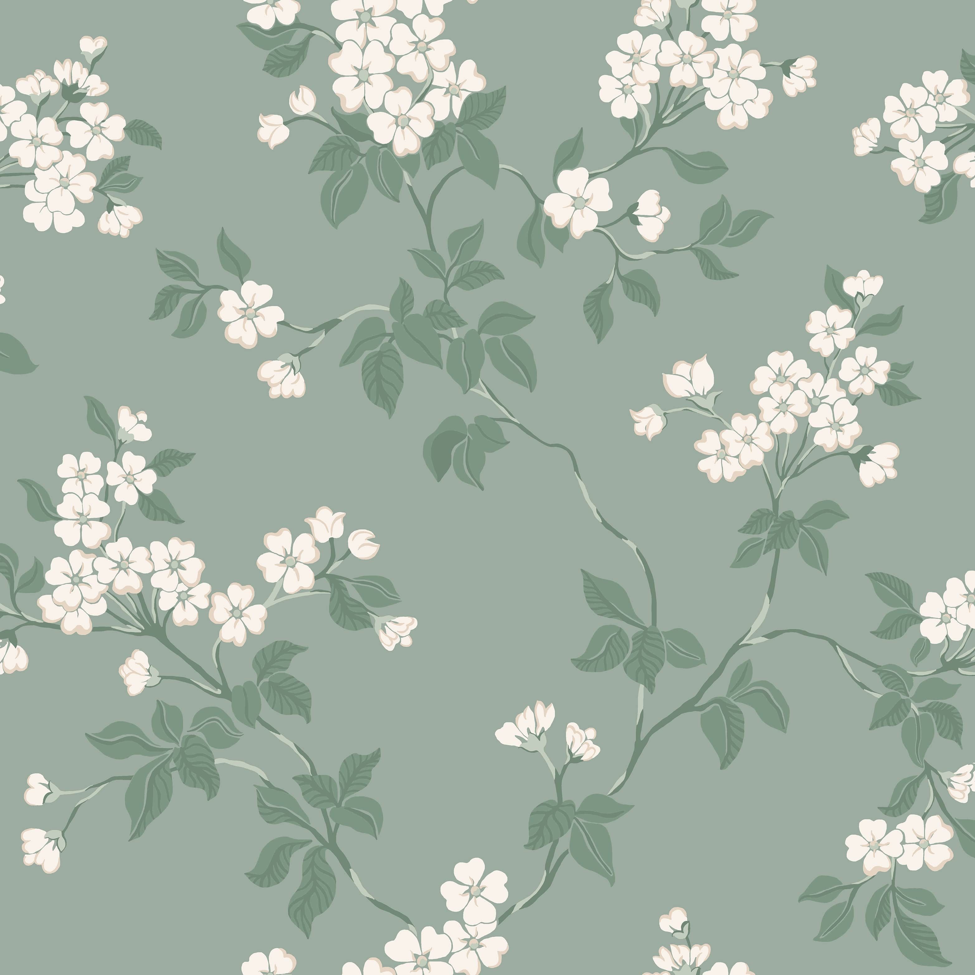 Karin, grön tapet med blommigt mönster i grön. Från kollektionen Blommor & Blad. Nonwoven-material med förskjuten passning.