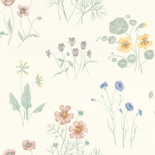 Maj sommarblommor i blått, lila, rödbrunt och gult tapet från Midbec med blommigt mönster i blå. Från kollektionen Morgongåva. Nonwoven-material med förskjuten passning.