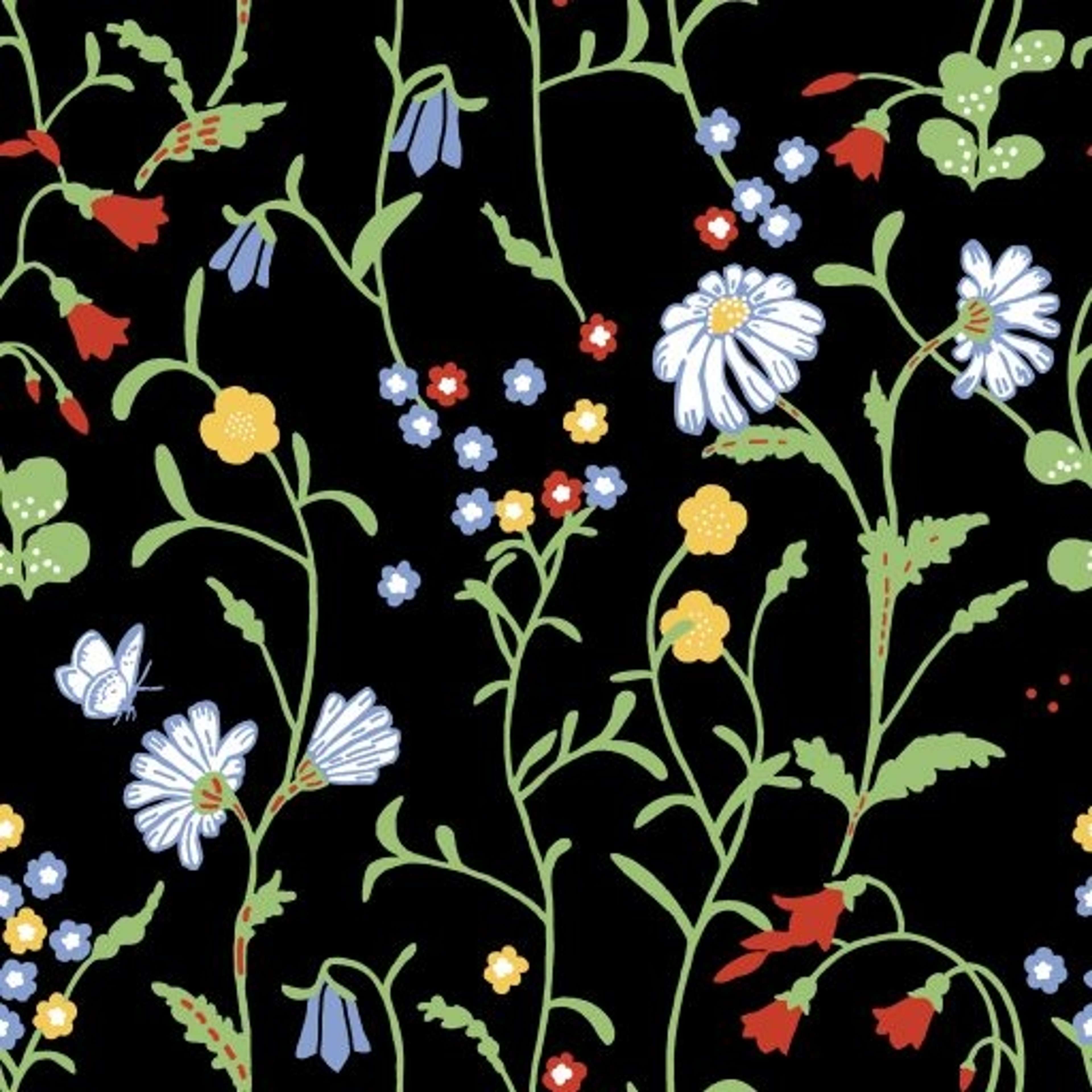 Midsommar, Svart tapet från duro med blommigt mönster i svart. Från kollektionen Spira. Nonwoven-material med rak passning.