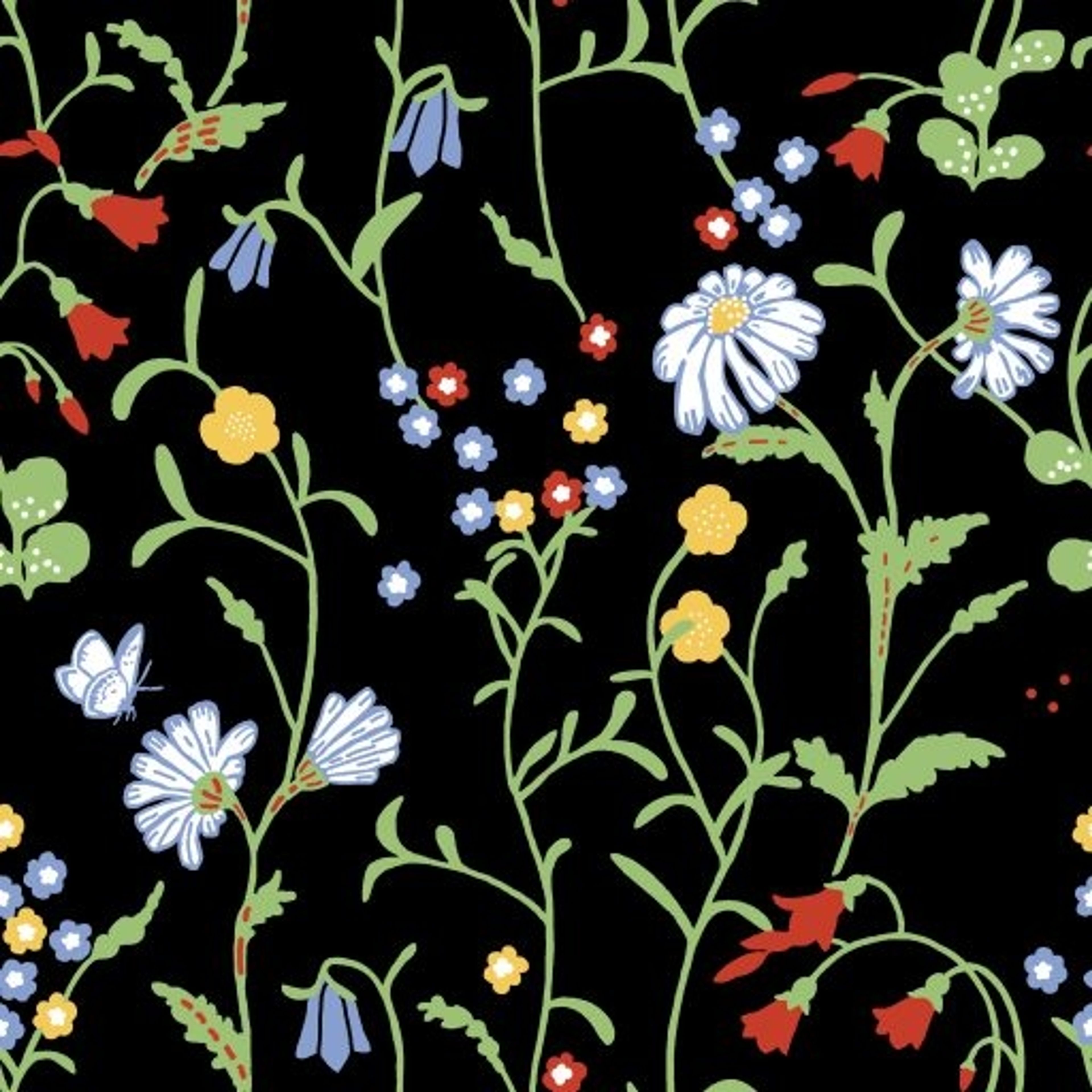 Midsommar, Svart tapet från duro med blommigt mönster i svart. Från kollektionen Spira. Nonwoven-material med rak passning.