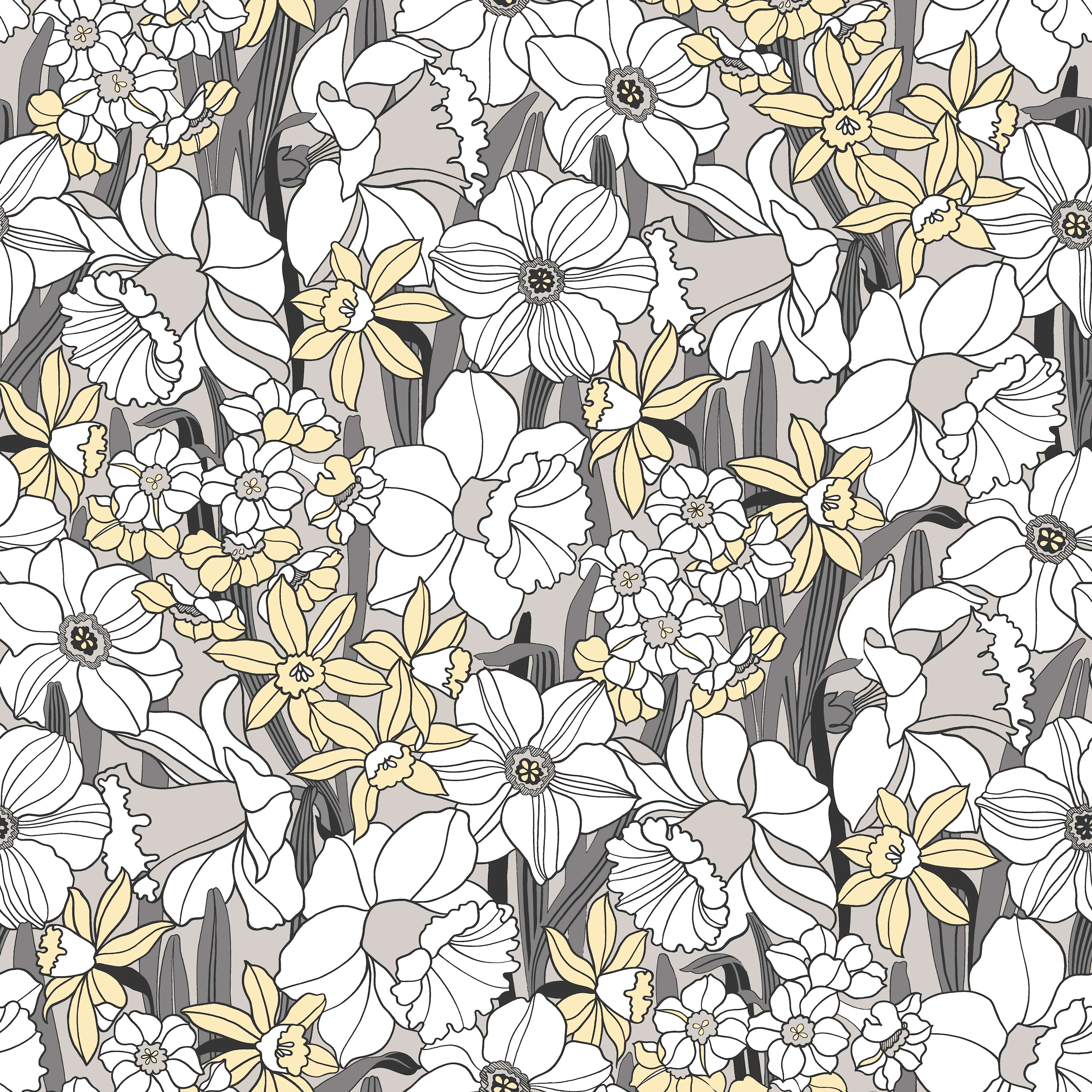 Påsklilja, grå tapet från duro med blommigt mönster i grå. Från kollektionen Duro 1900. Nonwoven-material med rak mönsterpassning. Vintage-stil.