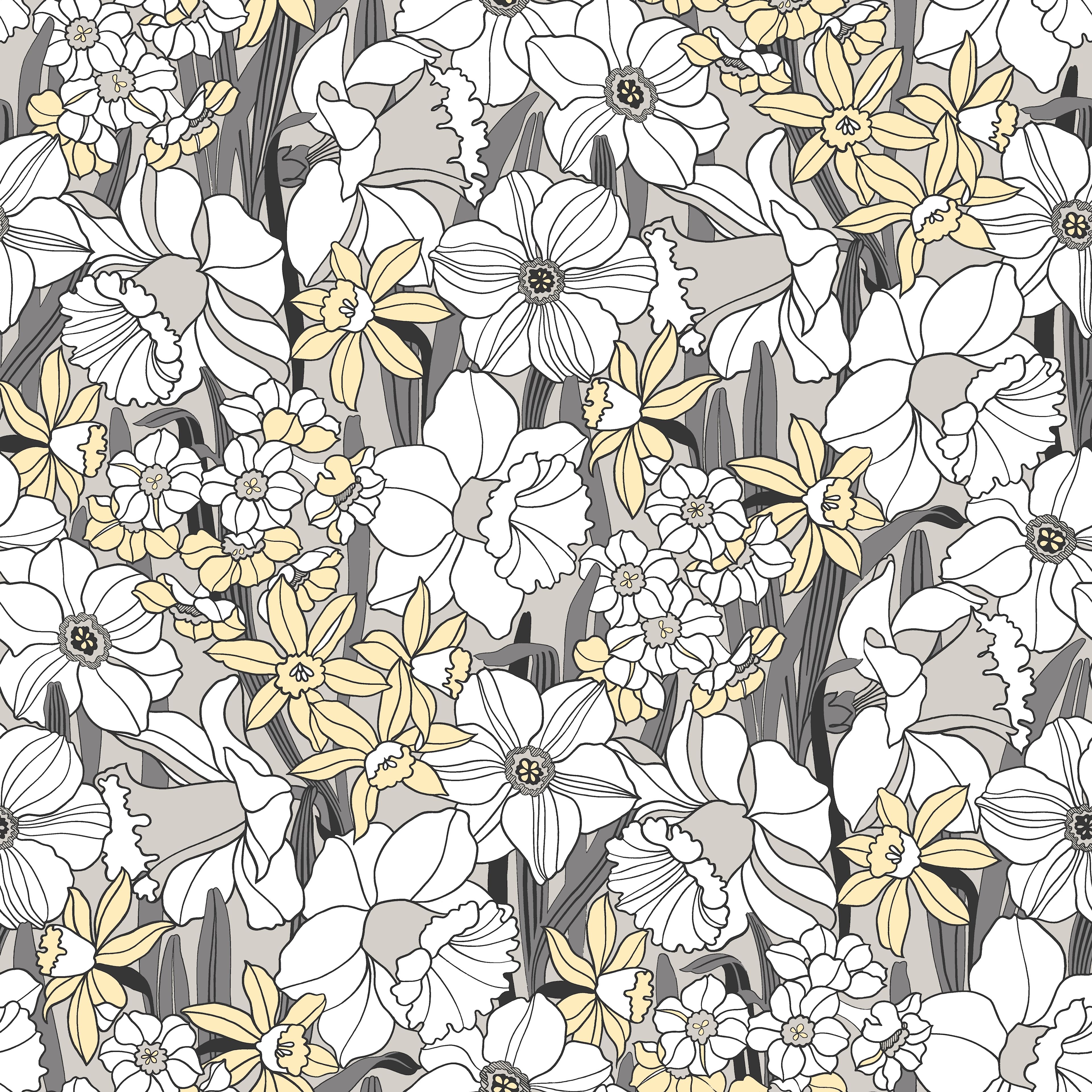 Påsklilja, grå tapet från duro med blommigt mönster i grå. Från kollektionen Duro 1900. Nonwoven-material med rak mönsterpassning. Vintage-stil.